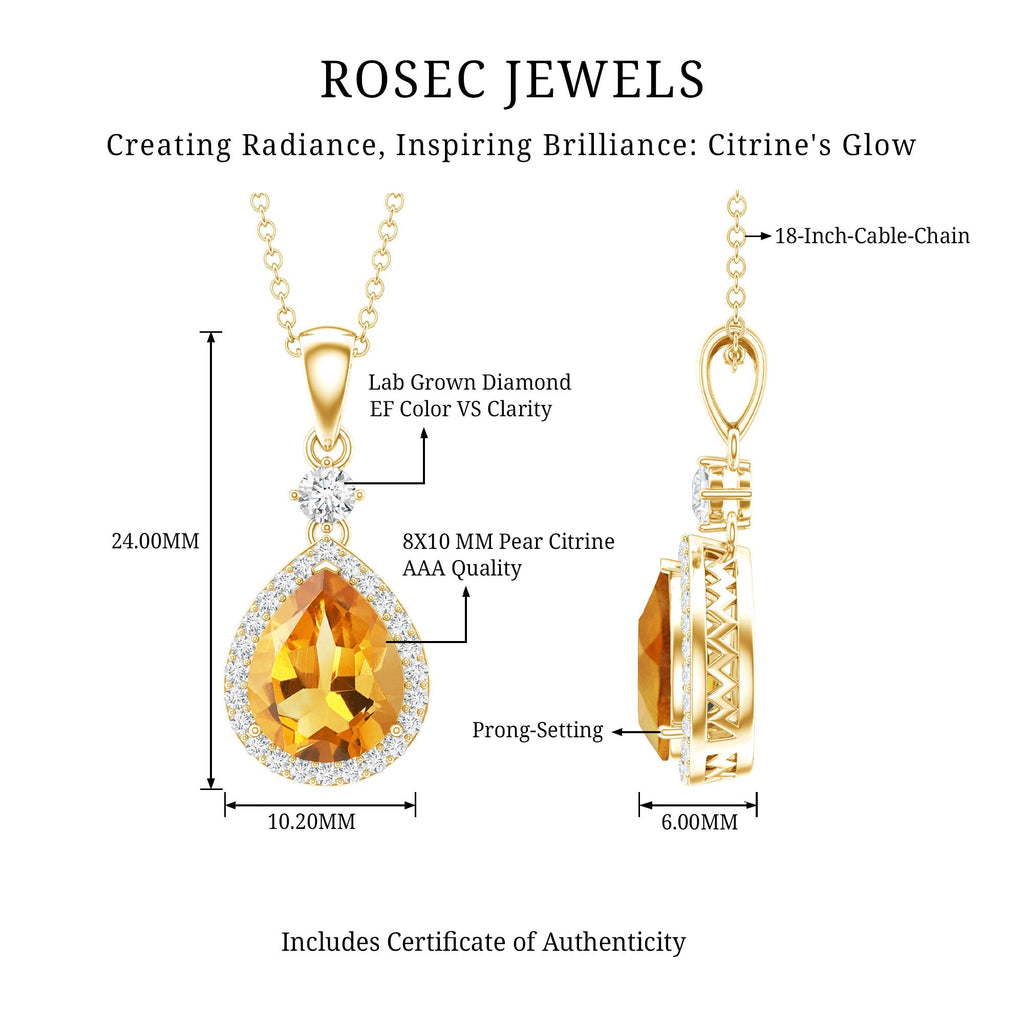 Citrine Pendant Necklace – 2 Carat Pear Shaped Yellow Gold Necklace with Diamond Halo