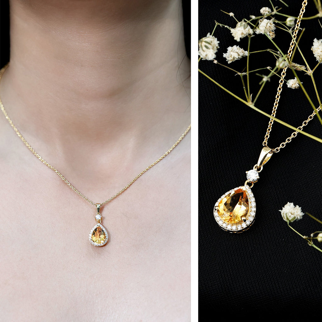 Citrine Pendant Necklace – 2 Carat Pear Shaped Yellow Gold Necklace with Diamond Halo