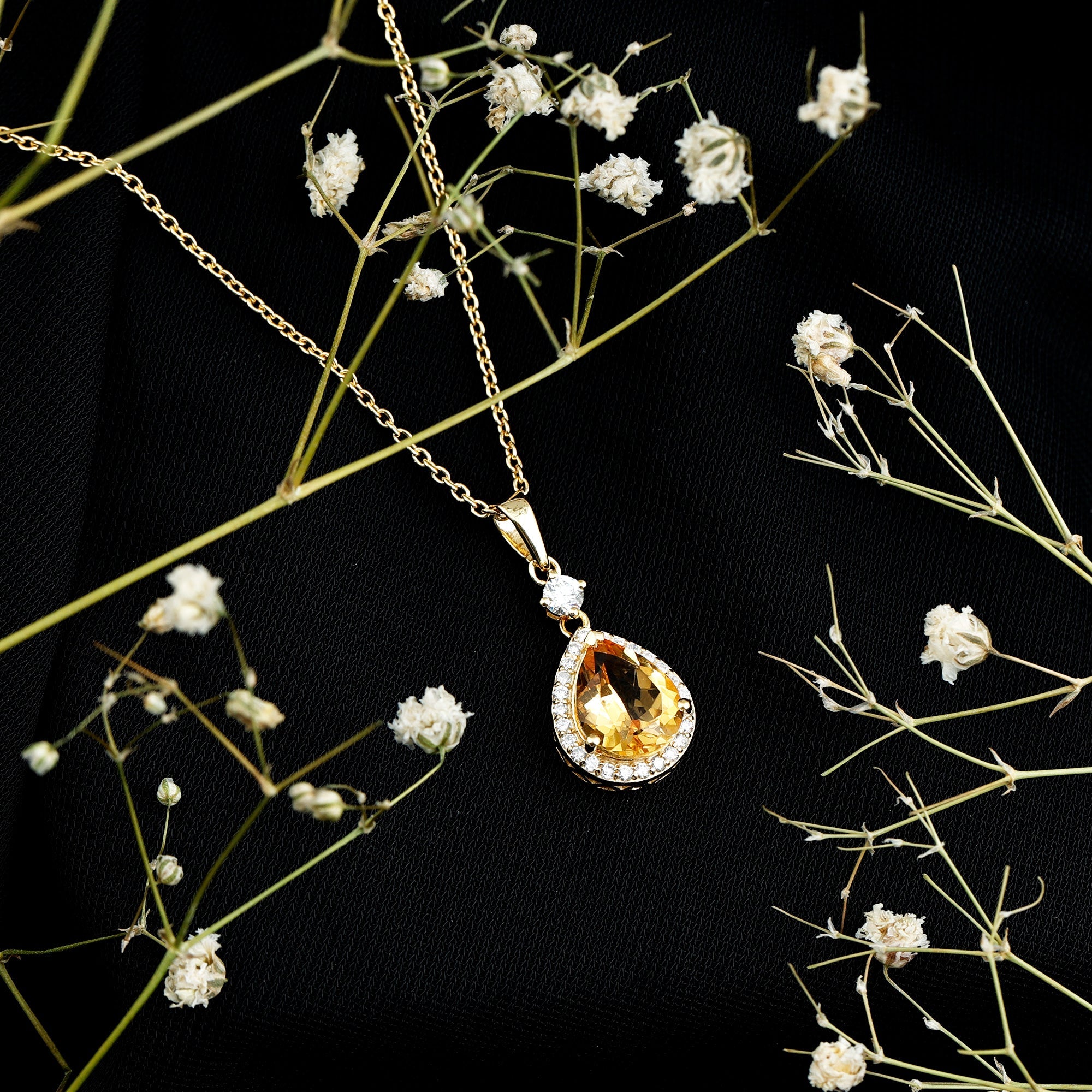 Citrine Pendant Necklace – 2 Carat Pear Shaped Yellow Gold Necklace with Diamond Halo
