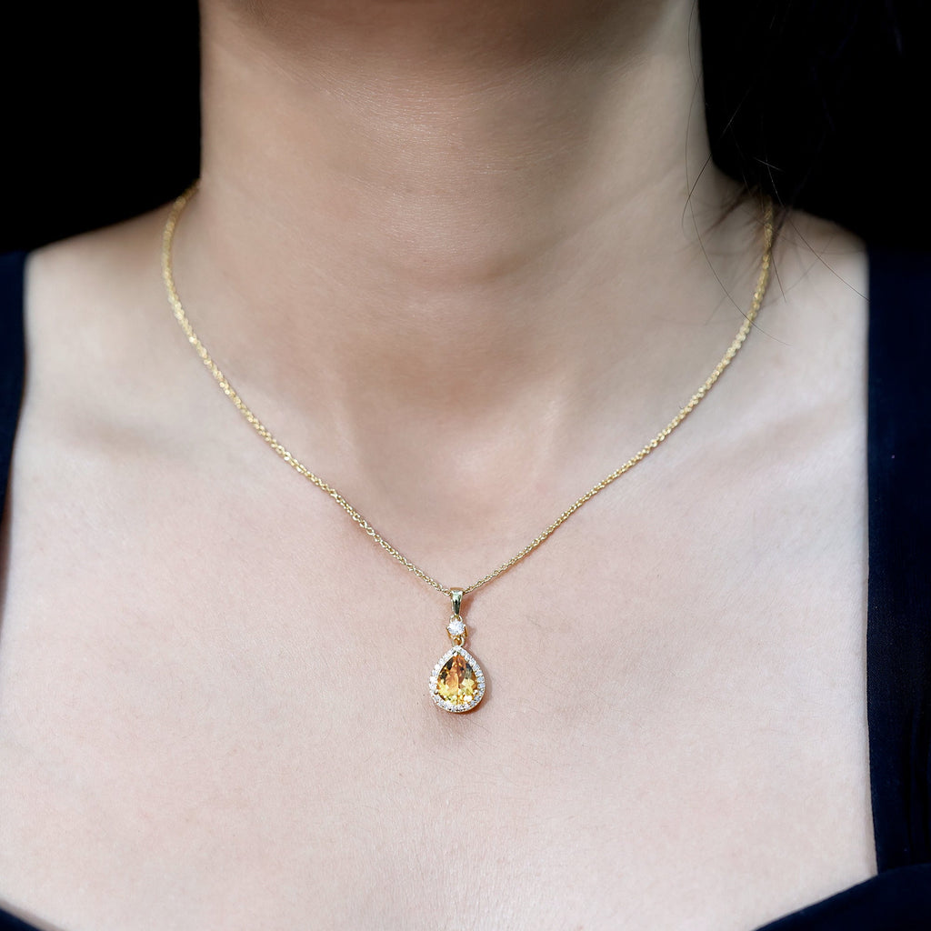 Citrine Pendant Necklace – 2 Carat Pear Shaped Yellow Gold Necklace with Diamond Halo
