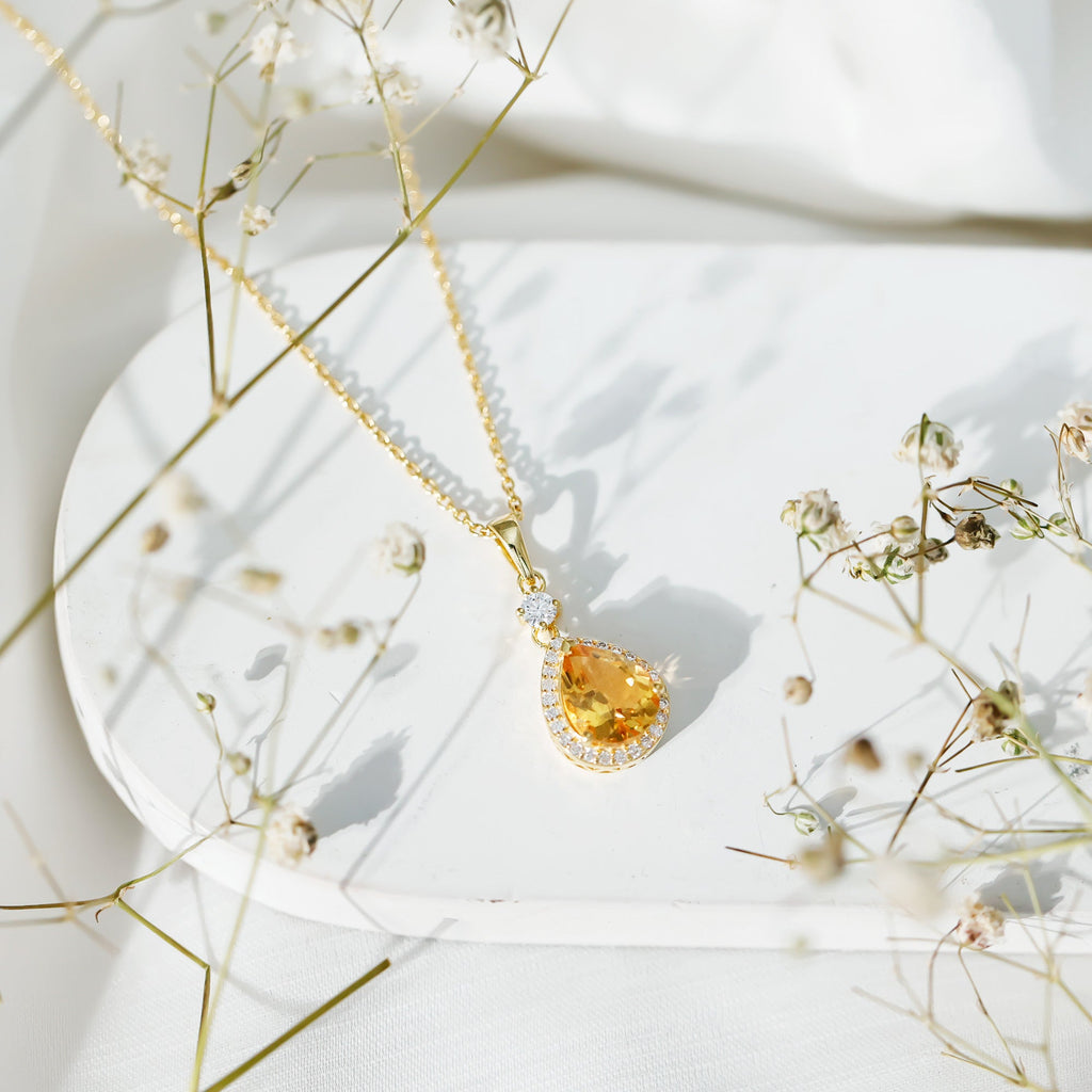 Citrine Pendant Necklace – 2 Carat Pear Shaped Yellow Gold Necklace with Diamond Halo