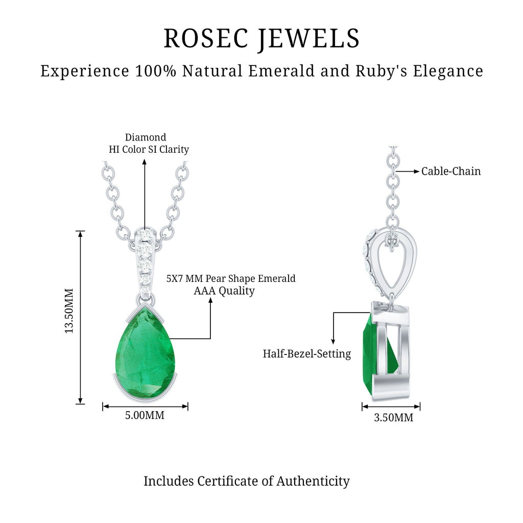 Emerald Pendant Necklace – Pear Cut Solitaire Emerald Jewelry with Diamond Accent Bail