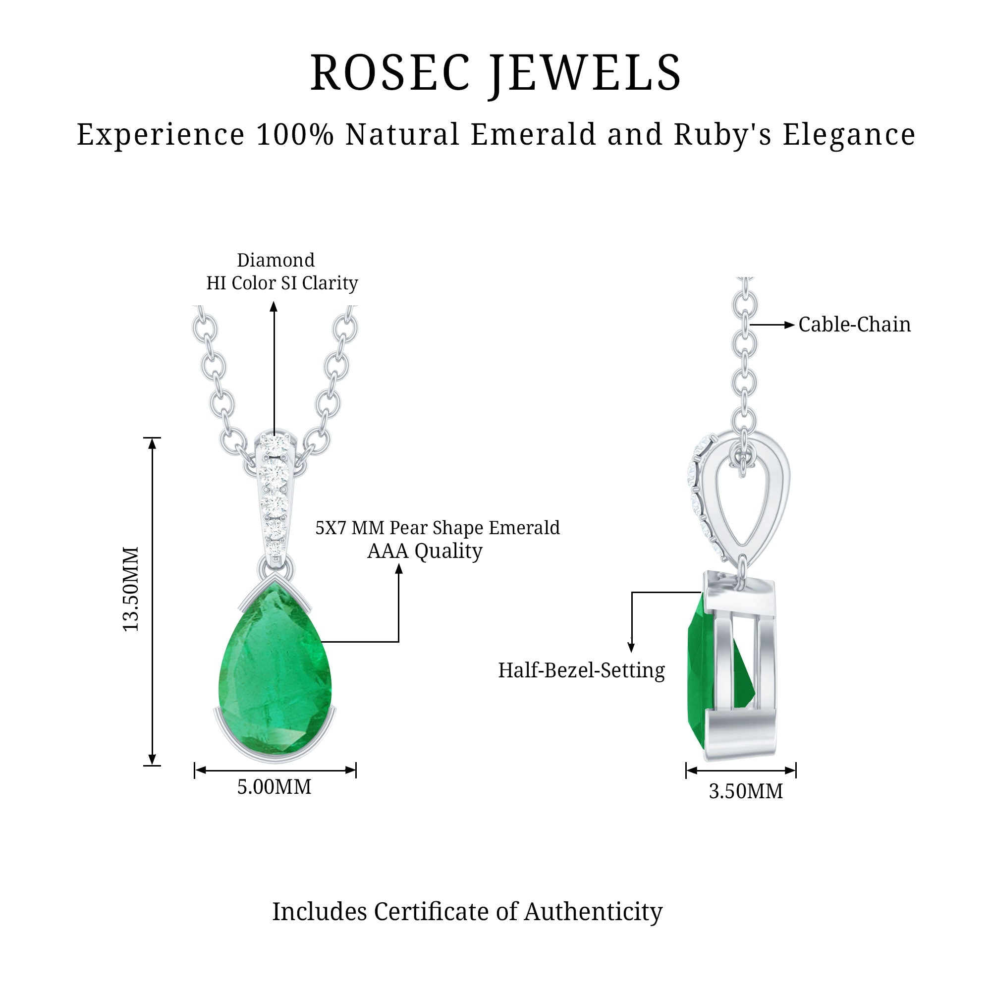 Emerald Pendant Necklace – Pear Cut Solitaire Emerald Jewelry with Diamond Accent Bail
