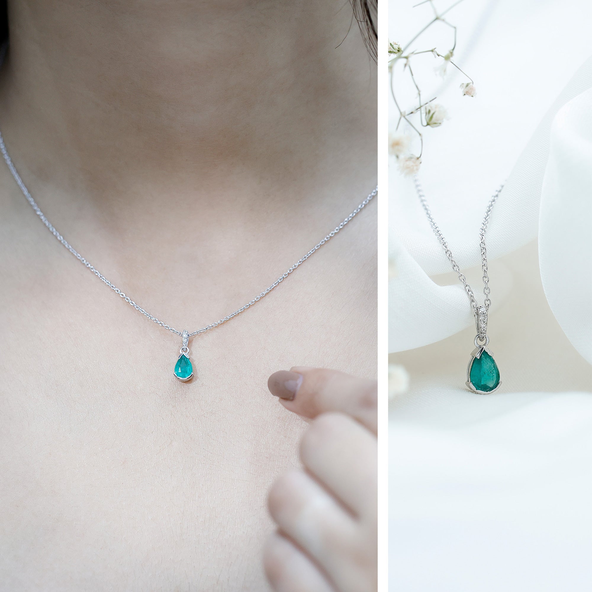 Emerald Pendant Necklace – Pear Cut Solitaire Emerald Jewelry with Diamond Accent Bail