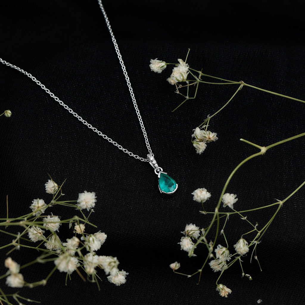 Emerald Pendant Necklace – Pear Cut Solitaire Emerald Jewelry with Diamond Accent Bail