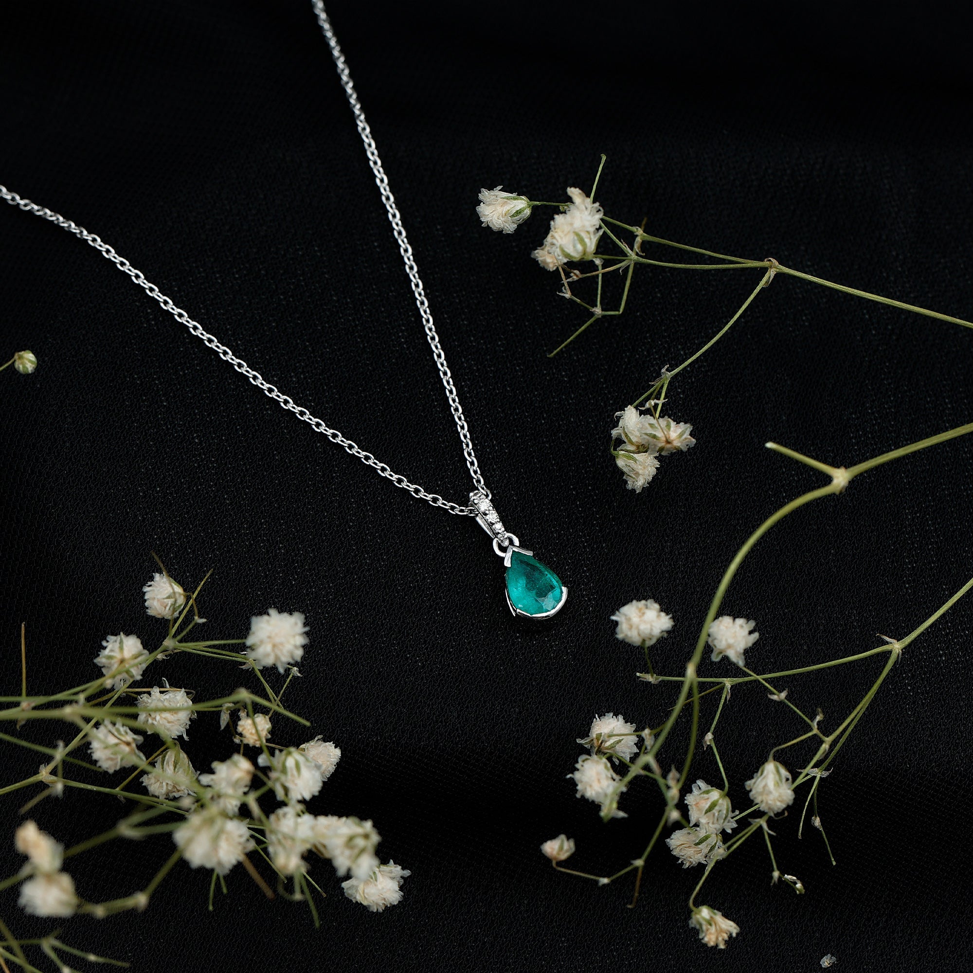 Emerald Pendant Necklace – Pear Cut Solitaire Emerald Jewelry with Diamond Accent Bail