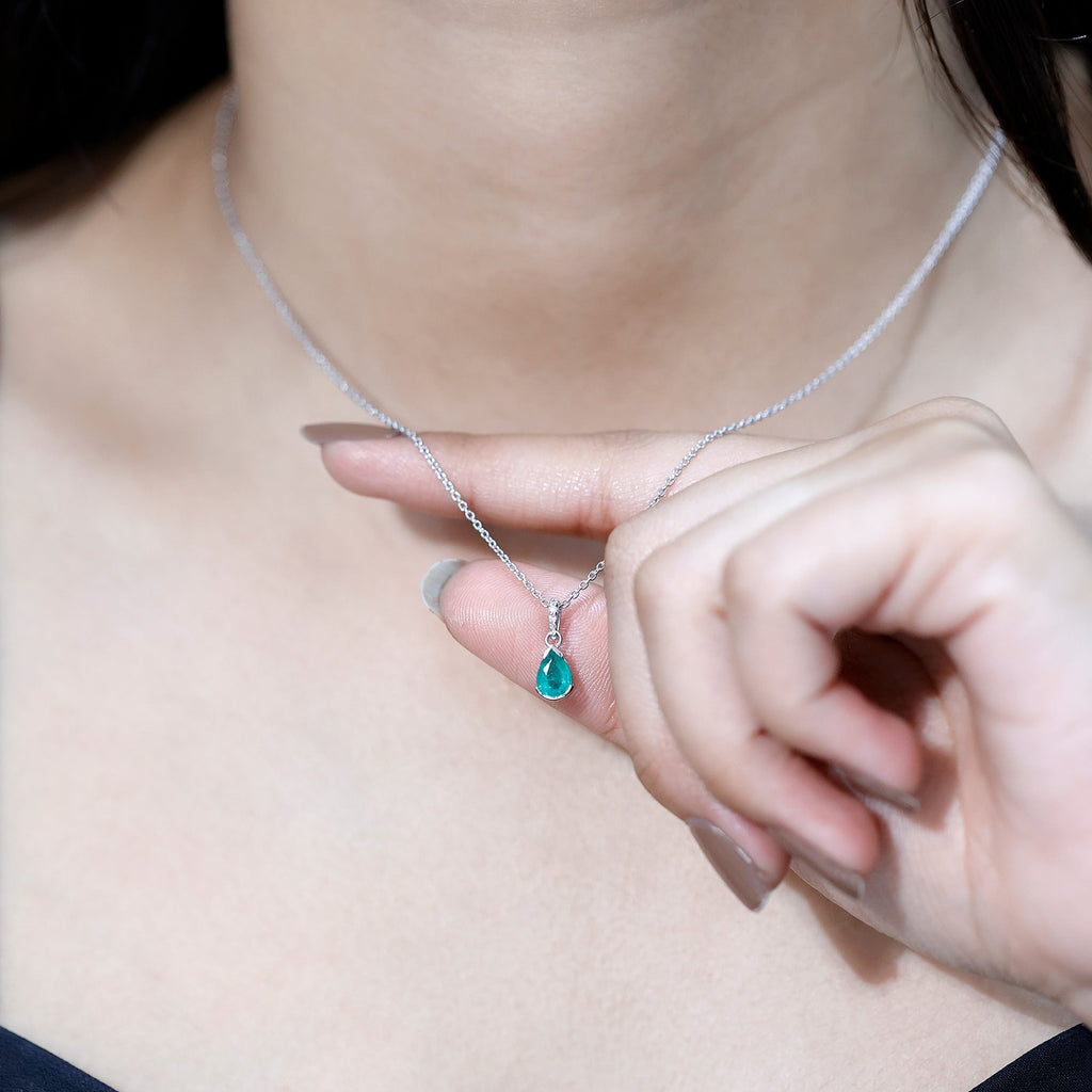 Emerald Pendant Necklace – Pear Cut Solitaire Emerald Jewelry with Diamond Accent Bail