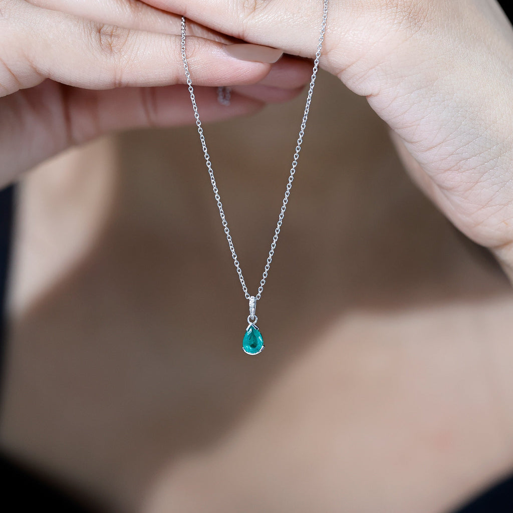 Emerald Pendant Necklace – Pear Cut Solitaire Emerald Jewelry with Diamond Accent Bail