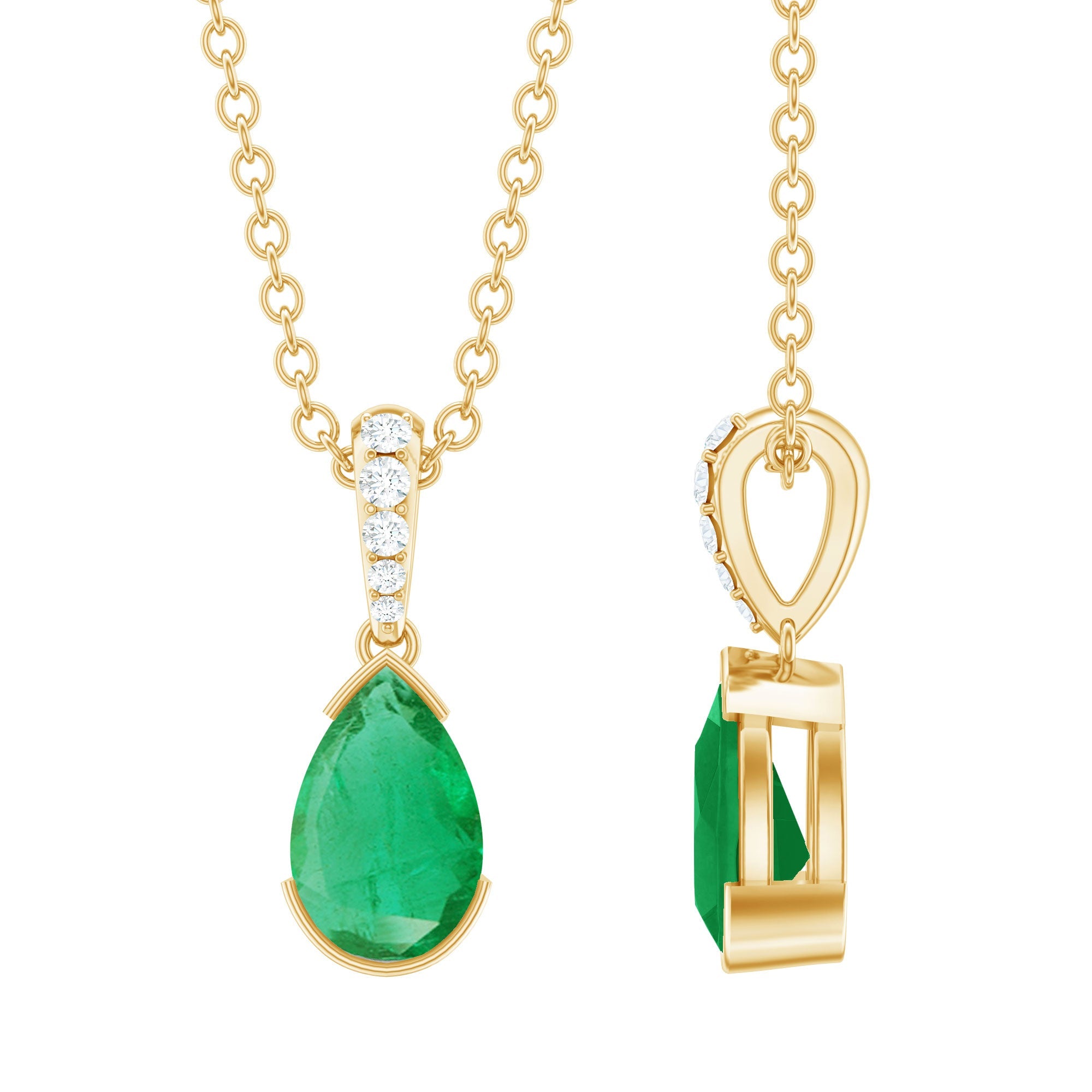 Emerald Pendant Necklace – Pear Cut Solitaire Emerald Jewelry with Diamond Accent Bail
