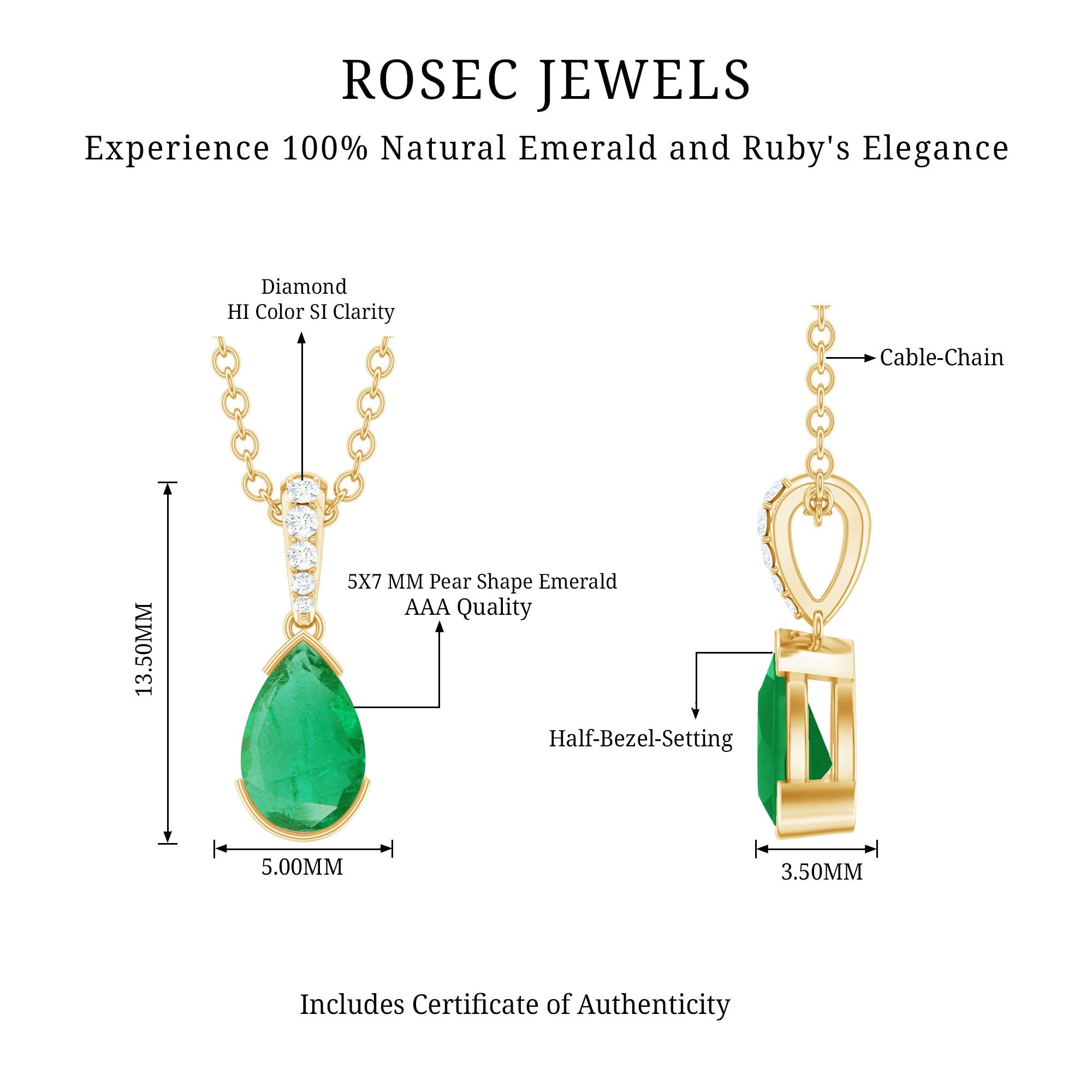 Emerald Pendant Necklace – Pear Cut Solitaire Emerald Jewelry with Diamond Accent Bail