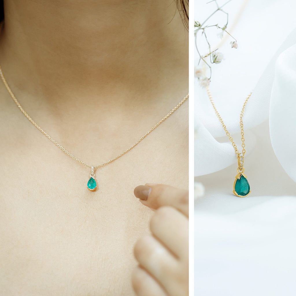 Emerald Pendant Necklace – Pear Cut Solitaire Emerald Jewelry with Diamond Accent Bail