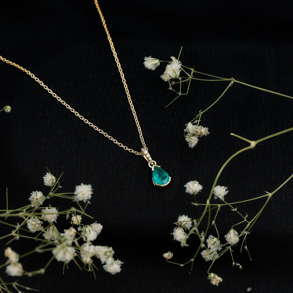 Emerald Pendant Necklace – Pear Cut Solitaire Emerald Jewelry with Diamond Accent Bail