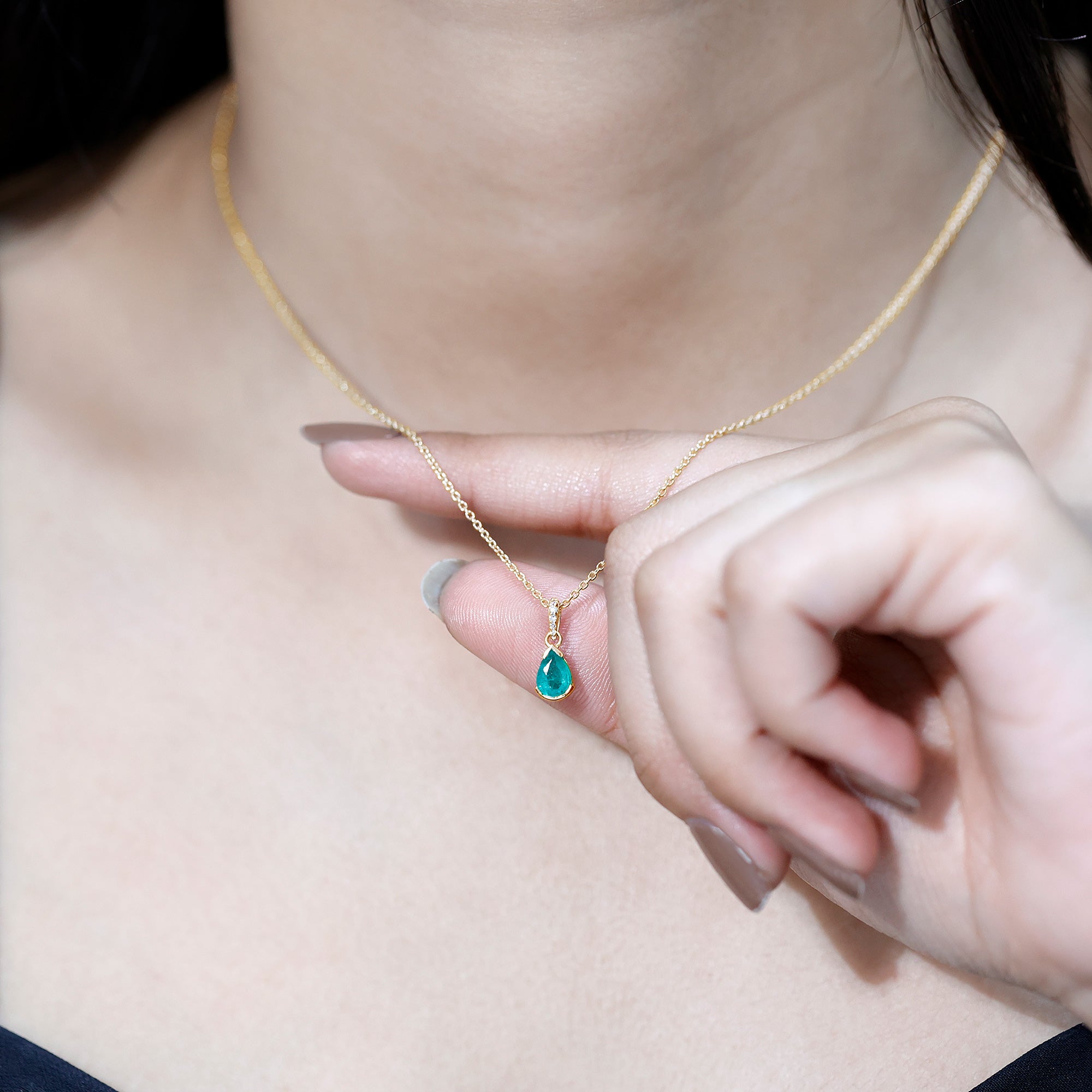 Emerald Pendant Necklace – Pear Cut Solitaire Emerald Jewelry with Diamond Accent Bail