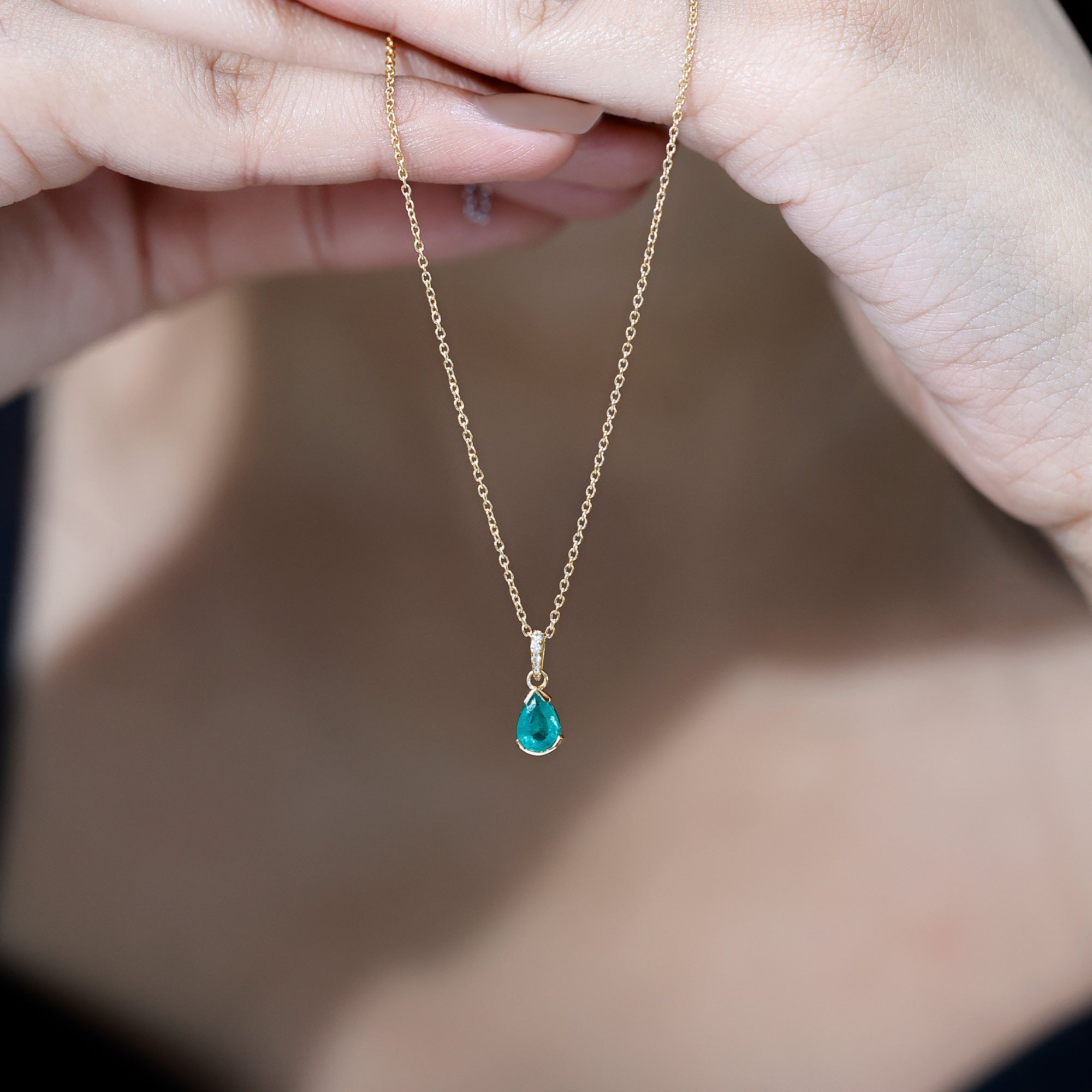 Emerald Pendant Necklace – Pear Cut Solitaire Emerald Jewelry with Diamond Accent Bail
