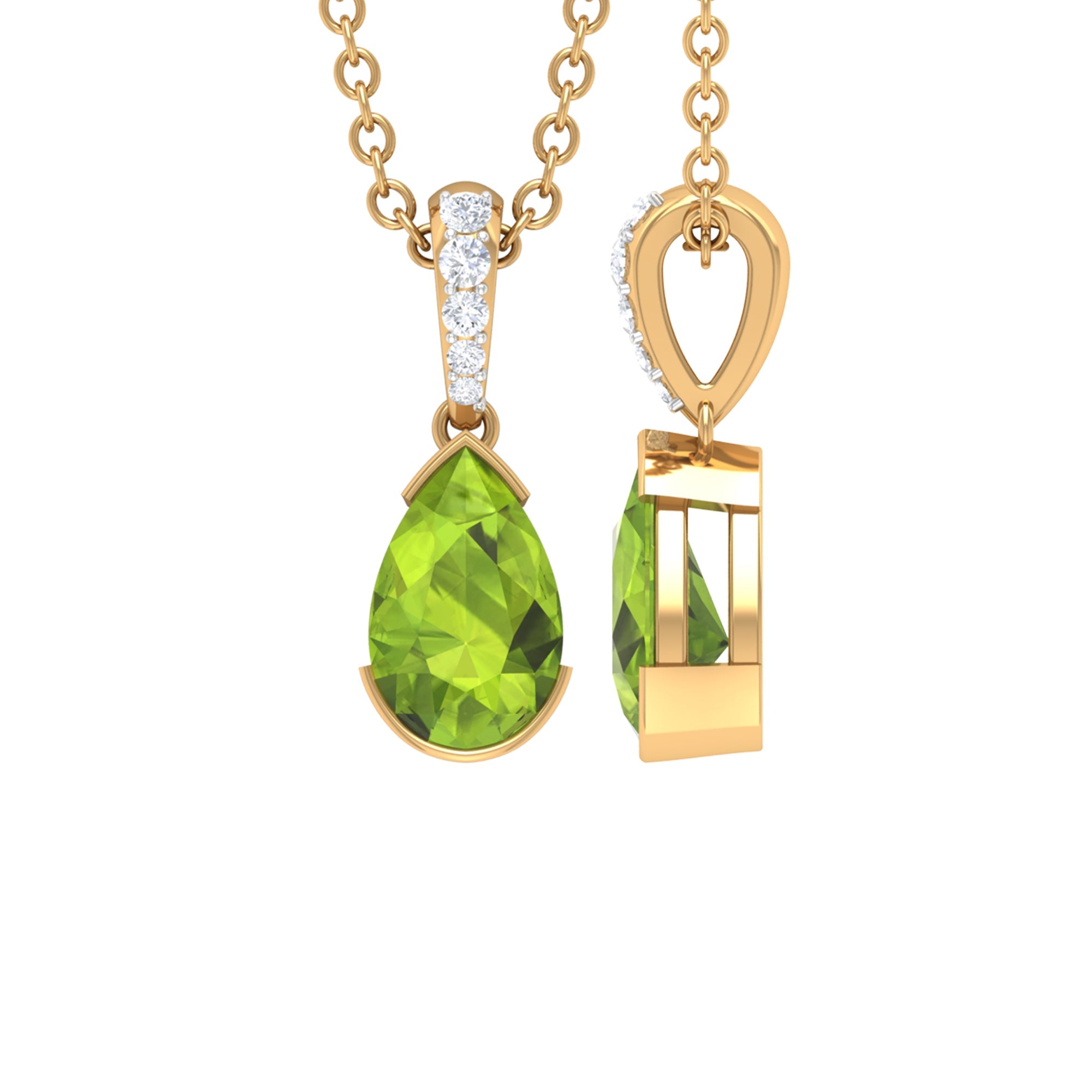 Peridot Solitaire Pendant – Pear Shape Pendant with Diamond Accent Bail, AAA Quality