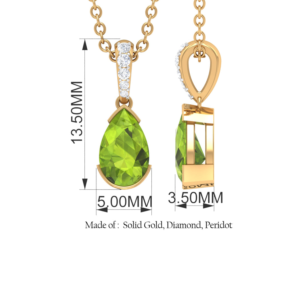 Peridot Solitaire Pendant – Pear Shape Pendant with Diamond Accent Bail, AAA Quality