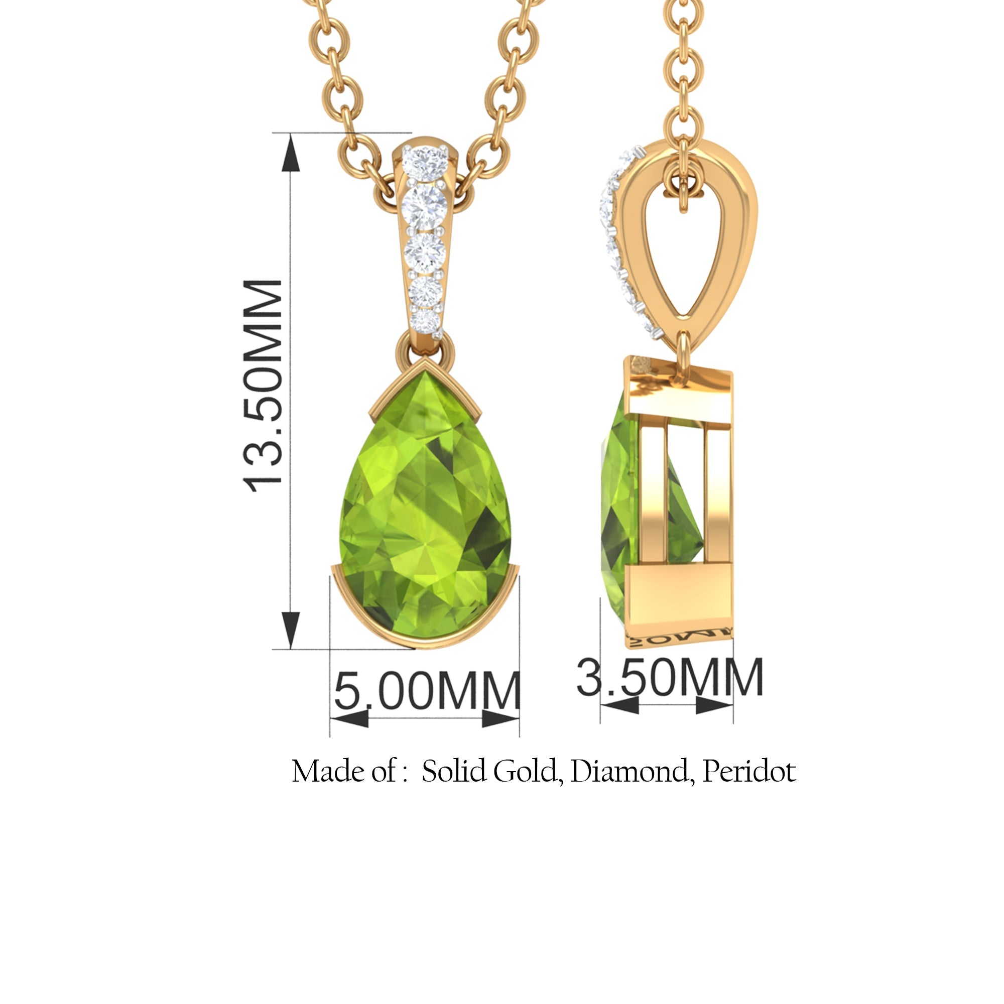 Peridot Solitaire Pendant – Pear Shape Pendant with Diamond Accent Bail, AAA Quality