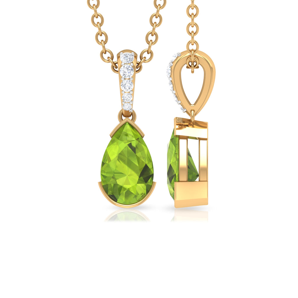 Peridot Solitaire Pendant – Pear Shape Pendant with Diamond Accent Bail, AAA Quality