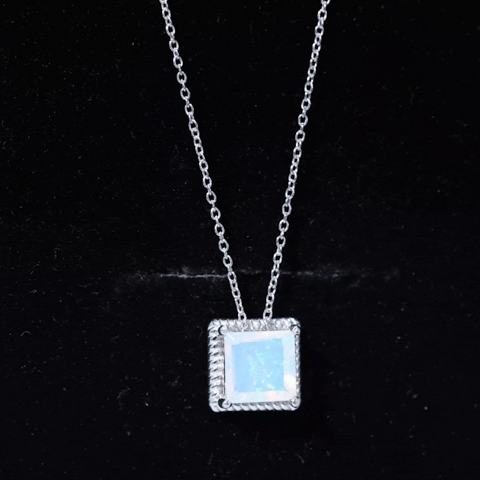Ethiopian Opal Necklace – 2 Carat Princess Cut Solitaire Pendant with Twisted Rope Frame