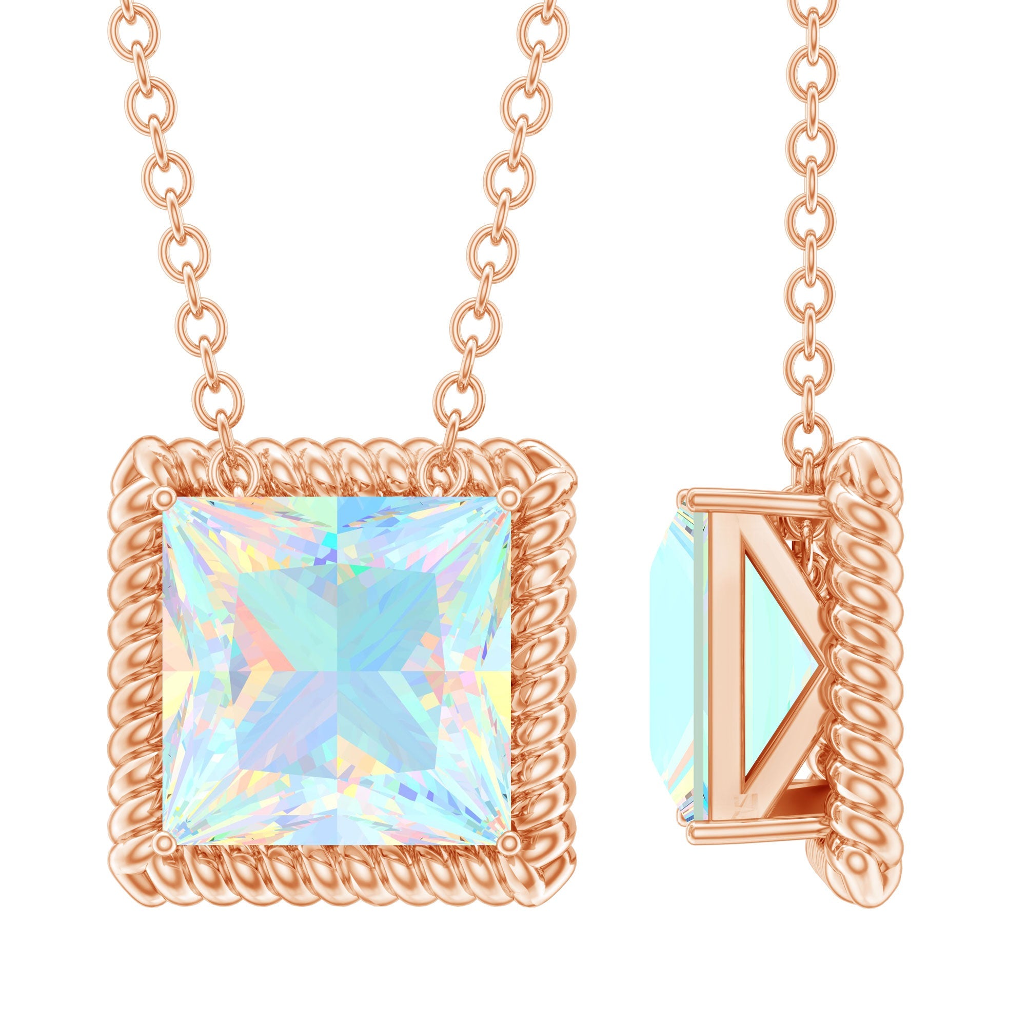 Ethiopian Opal Necklace – 2 Carat Princess Cut Solitaire Pendant with Twisted Rope Frame