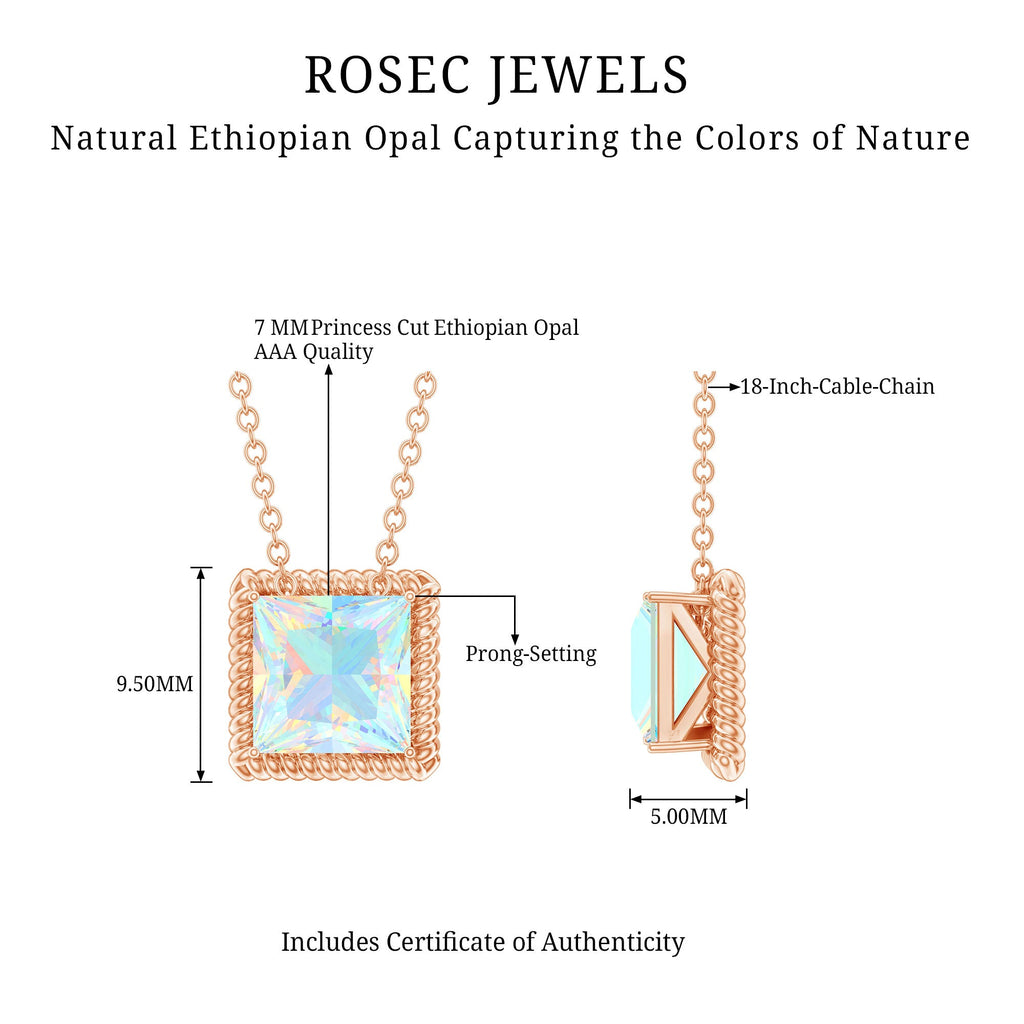 Ethiopian Opal Necklace – 2 Carat Princess Cut Solitaire Pendant with Twisted Rope Frame