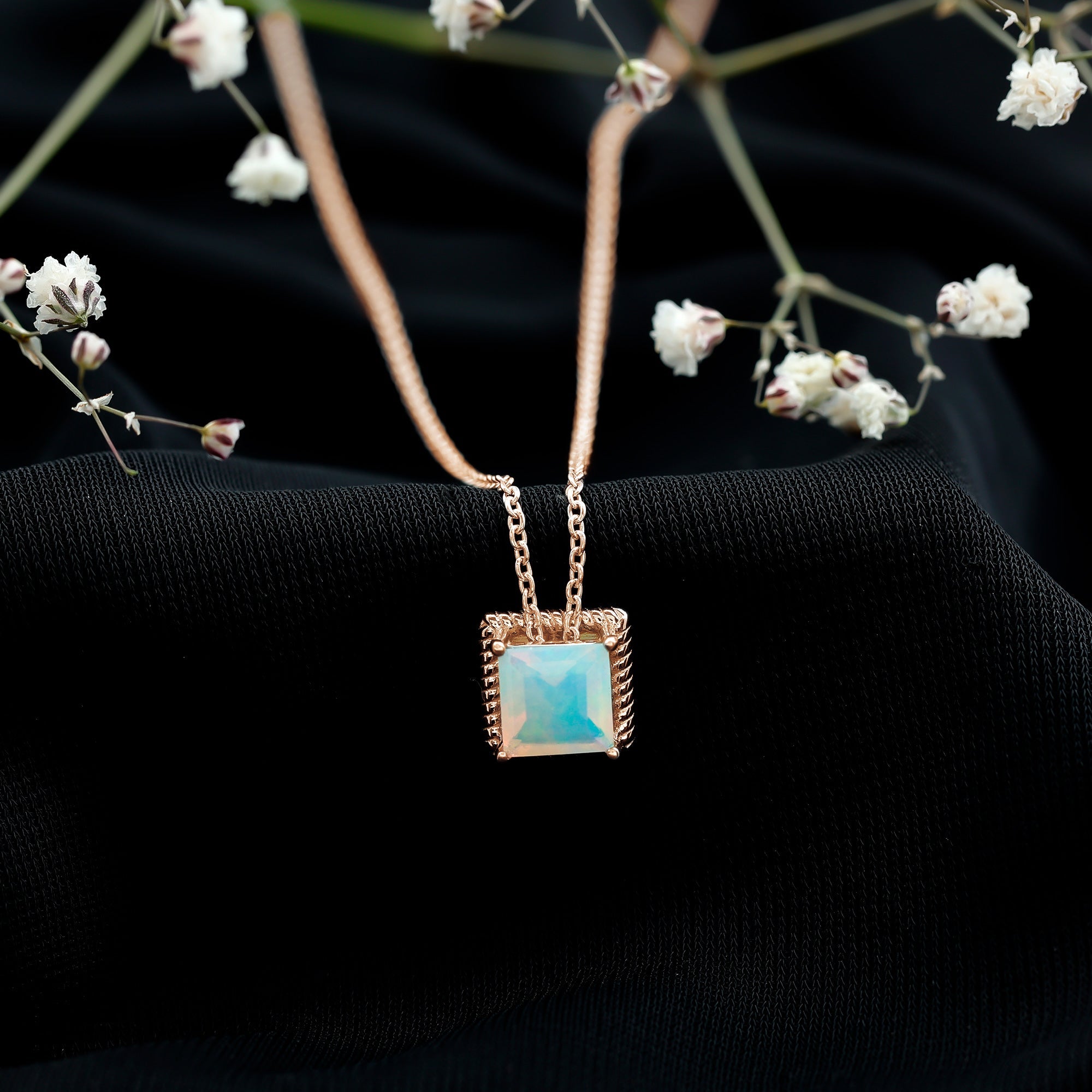 Ethiopian Opal Necklace – 2 Carat Princess Cut Solitaire Pendant with Twisted Rope Frame