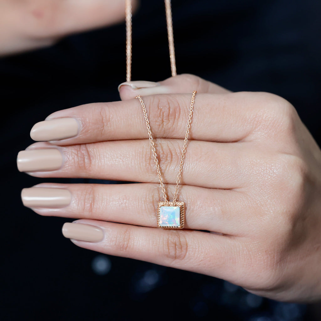Ethiopian Opal Necklace – 2 Carat Princess Cut Solitaire Pendant with Twisted Rope Frame