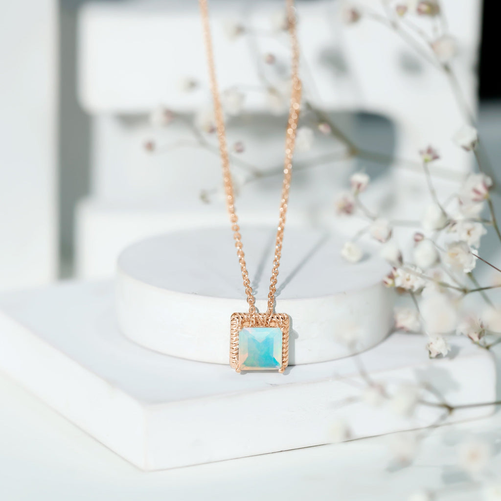 Ethiopian Opal Necklace – 2 Carat Princess Cut Solitaire Pendant with Twisted Rope Frame