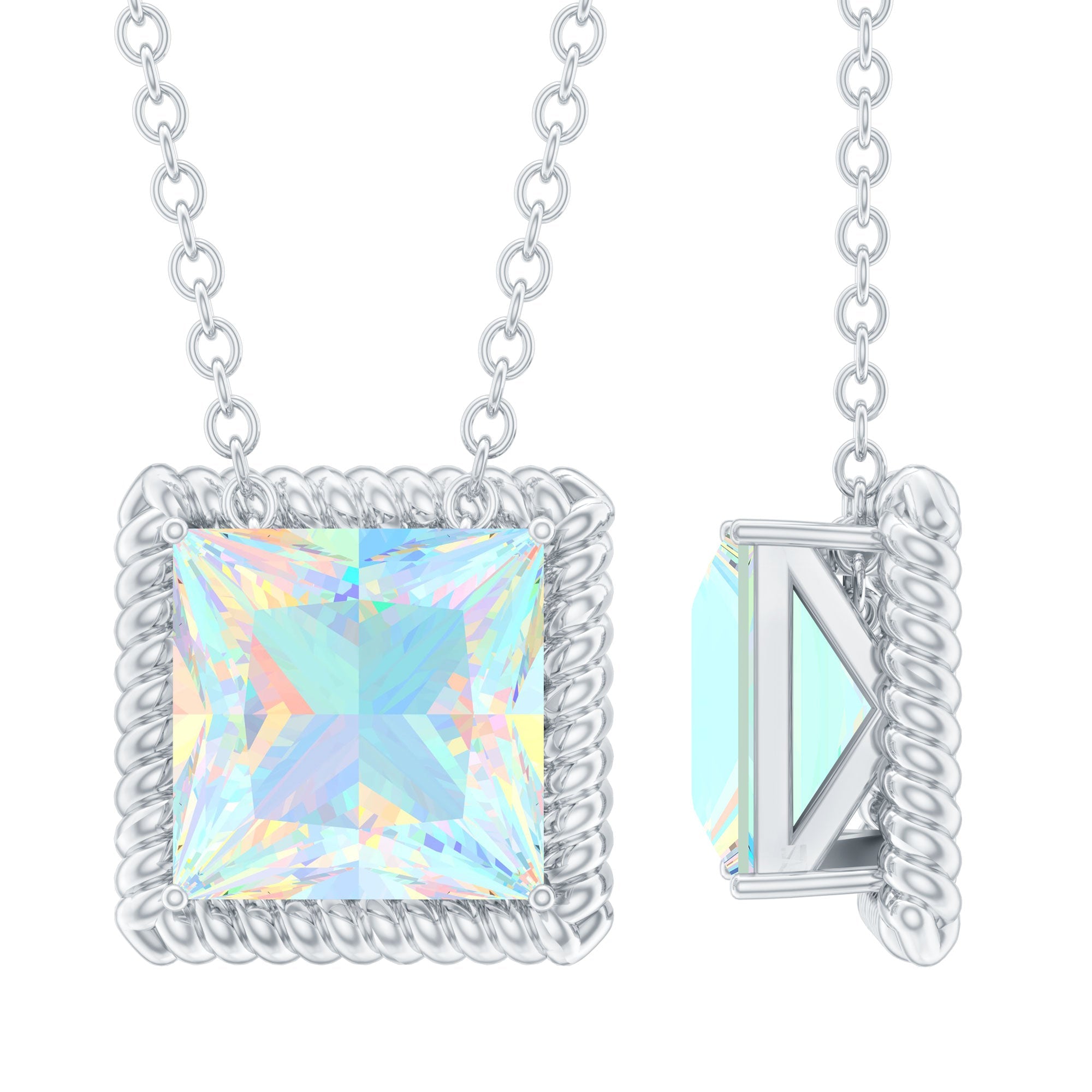 Ethiopian Opal Necklace – 2 Carat Princess Cut Solitaire Pendant with Twisted Rope Frame