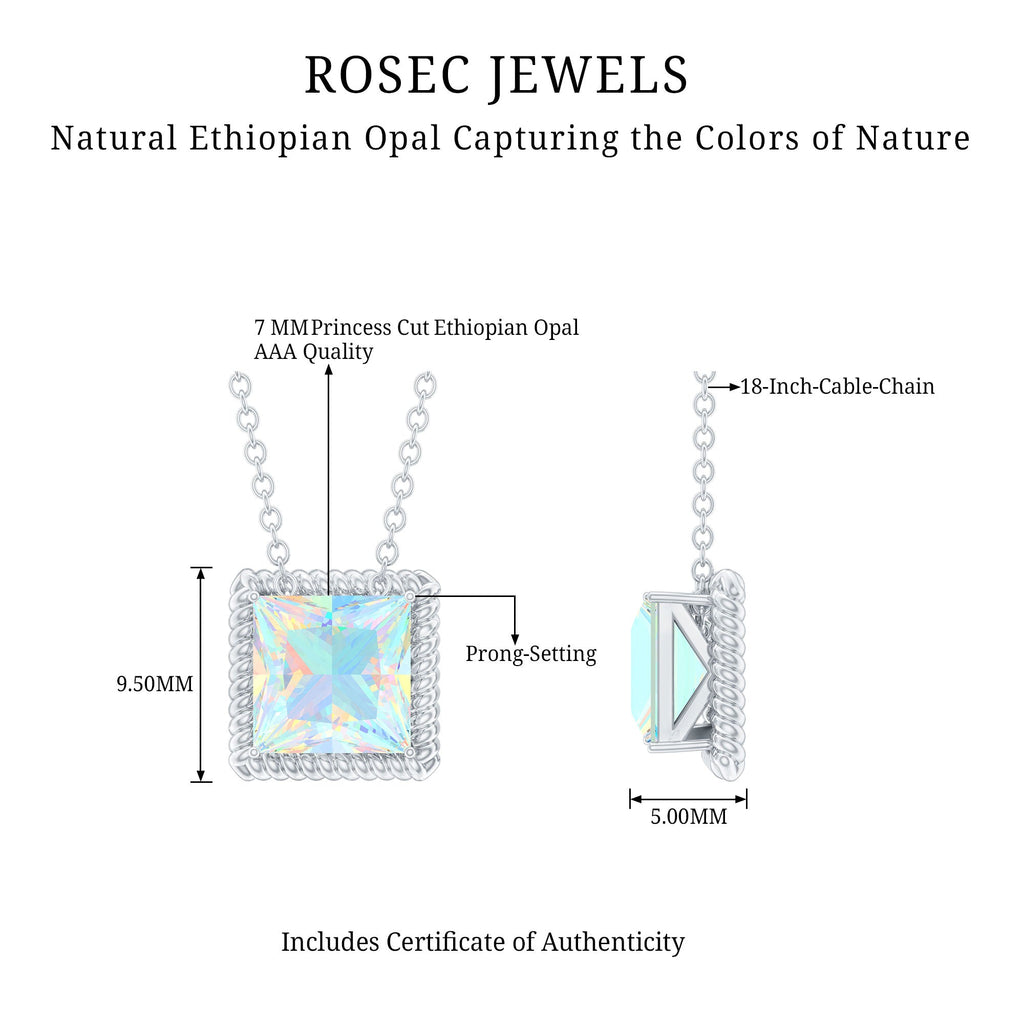 Ethiopian Opal Necklace – 2 Carat Princess Cut Solitaire Pendant with Twisted Rope Frame