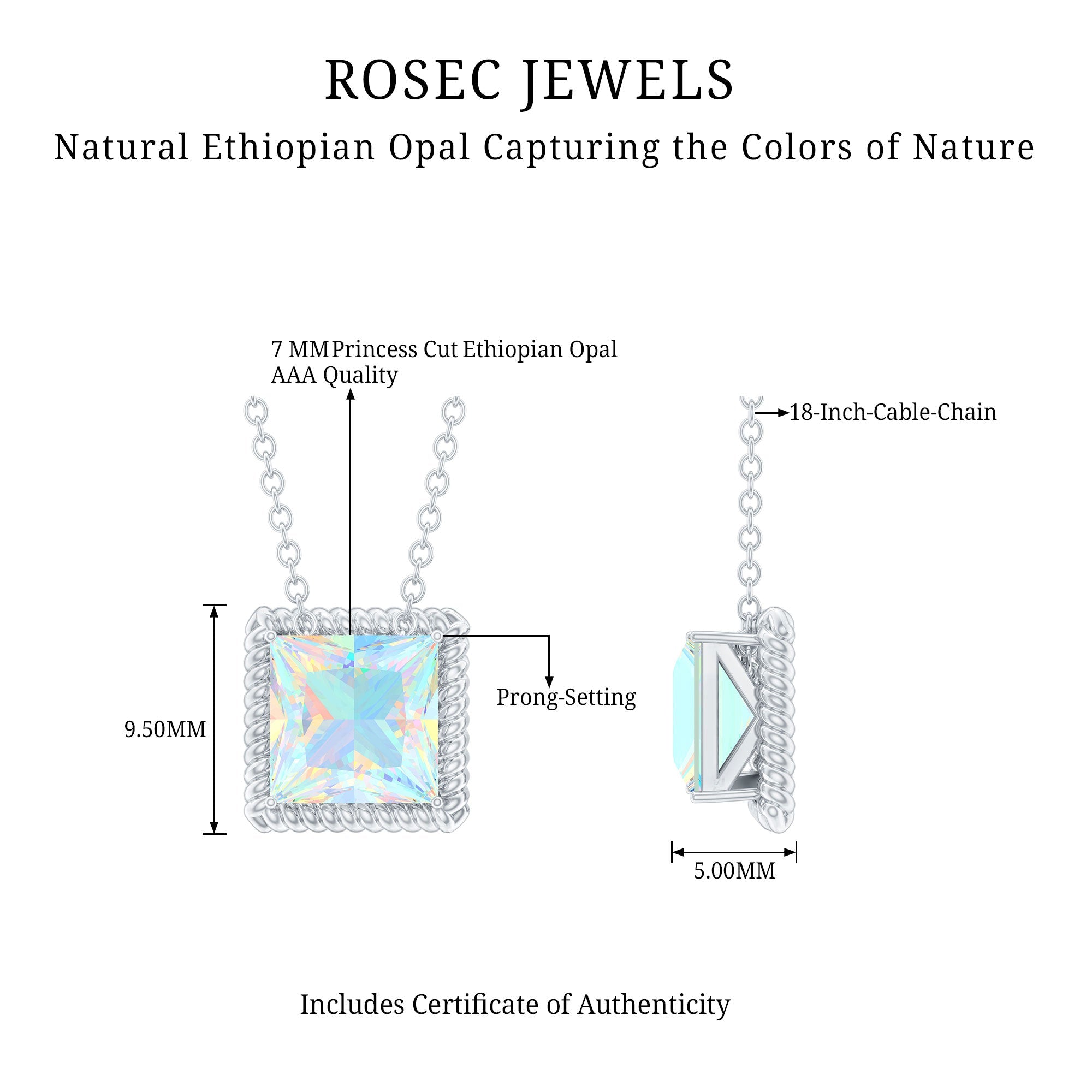 Ethiopian Opal Necklace – 2 Carat Princess Cut Solitaire Pendant with Twisted Rope Frame