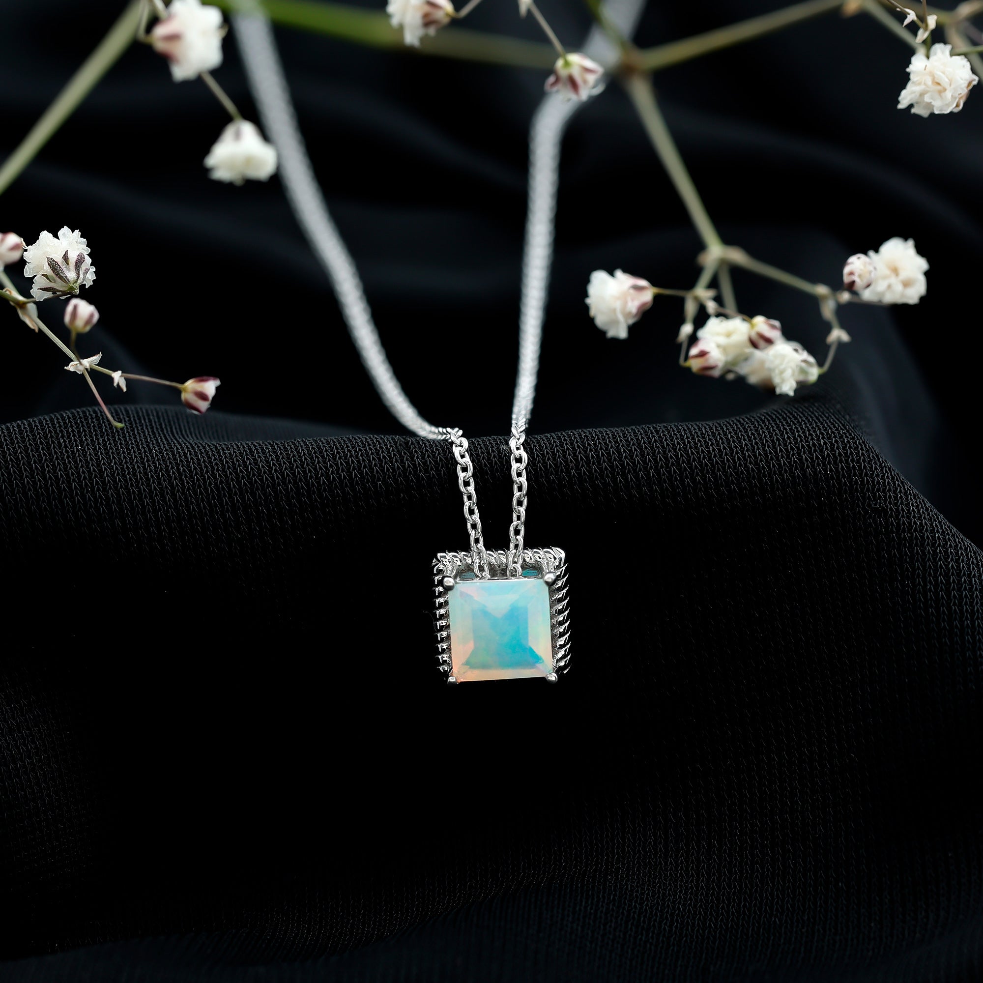 Ethiopian Opal Necklace – 2 Carat Princess Cut Solitaire Pendant with Twisted Rope Frame