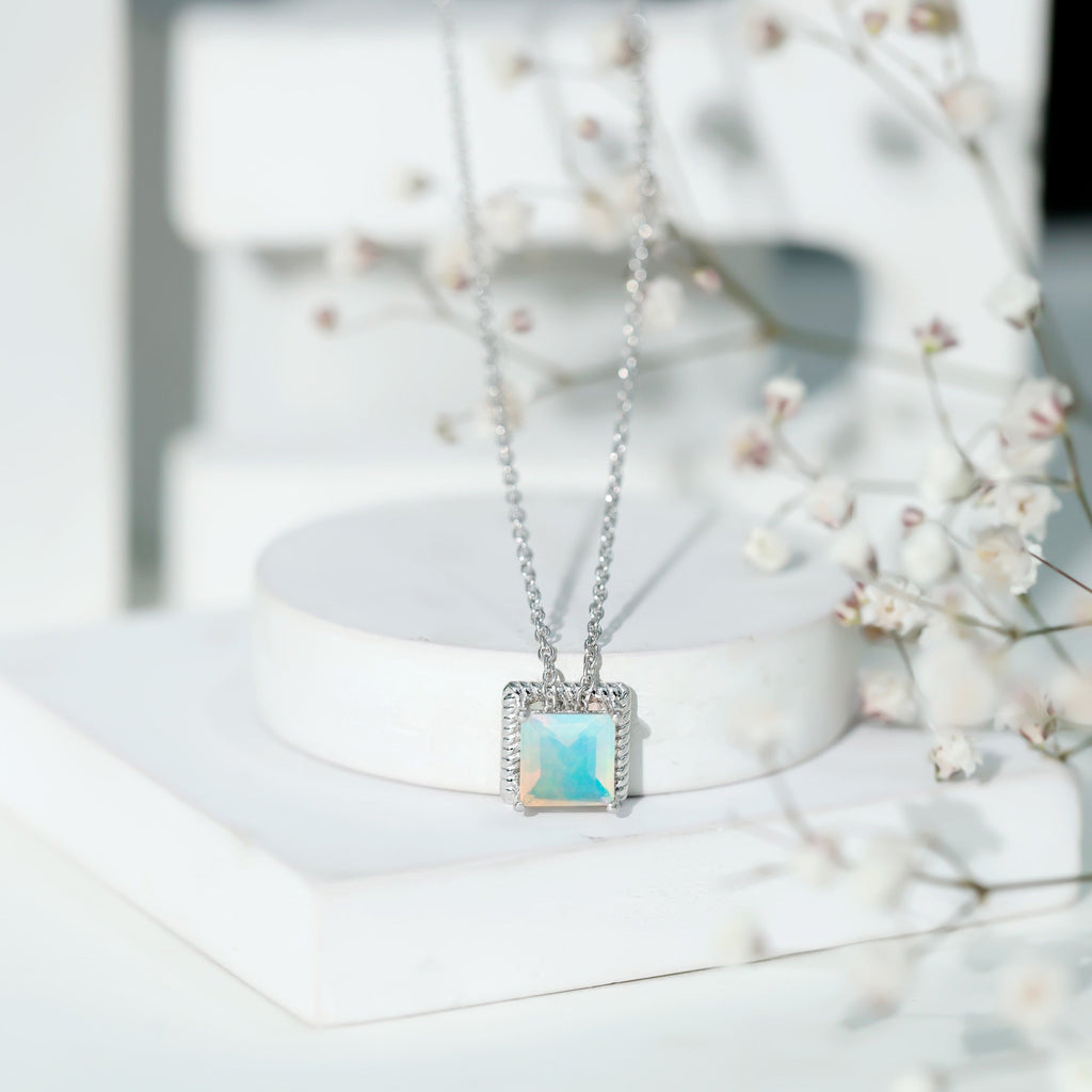Ethiopian Opal Necklace – 2 Carat Princess Cut Solitaire Pendant with Twisted Rope Frame