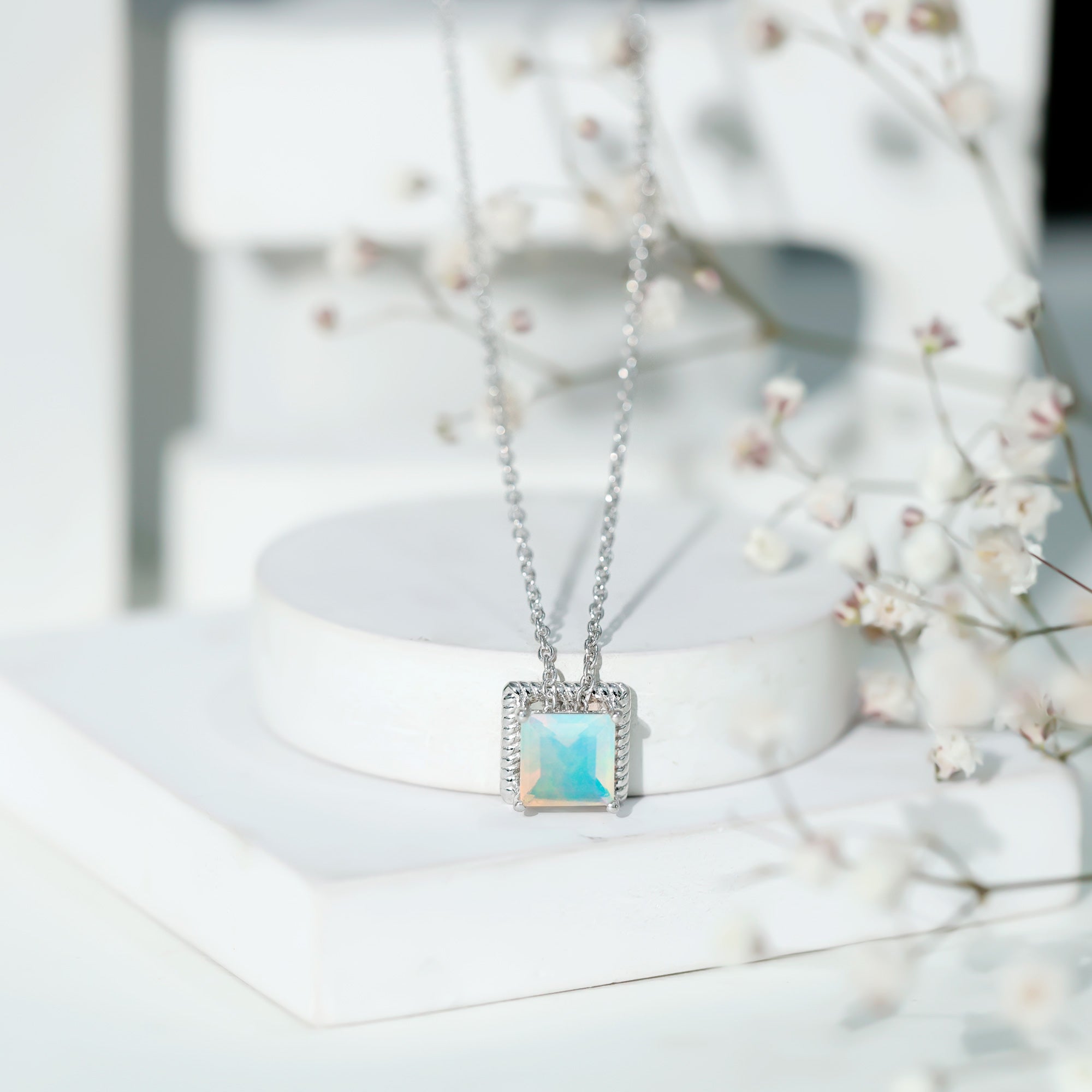 Ethiopian Opal Necklace – 2 Carat Princess Cut Solitaire Pendant with Twisted Rope Frame