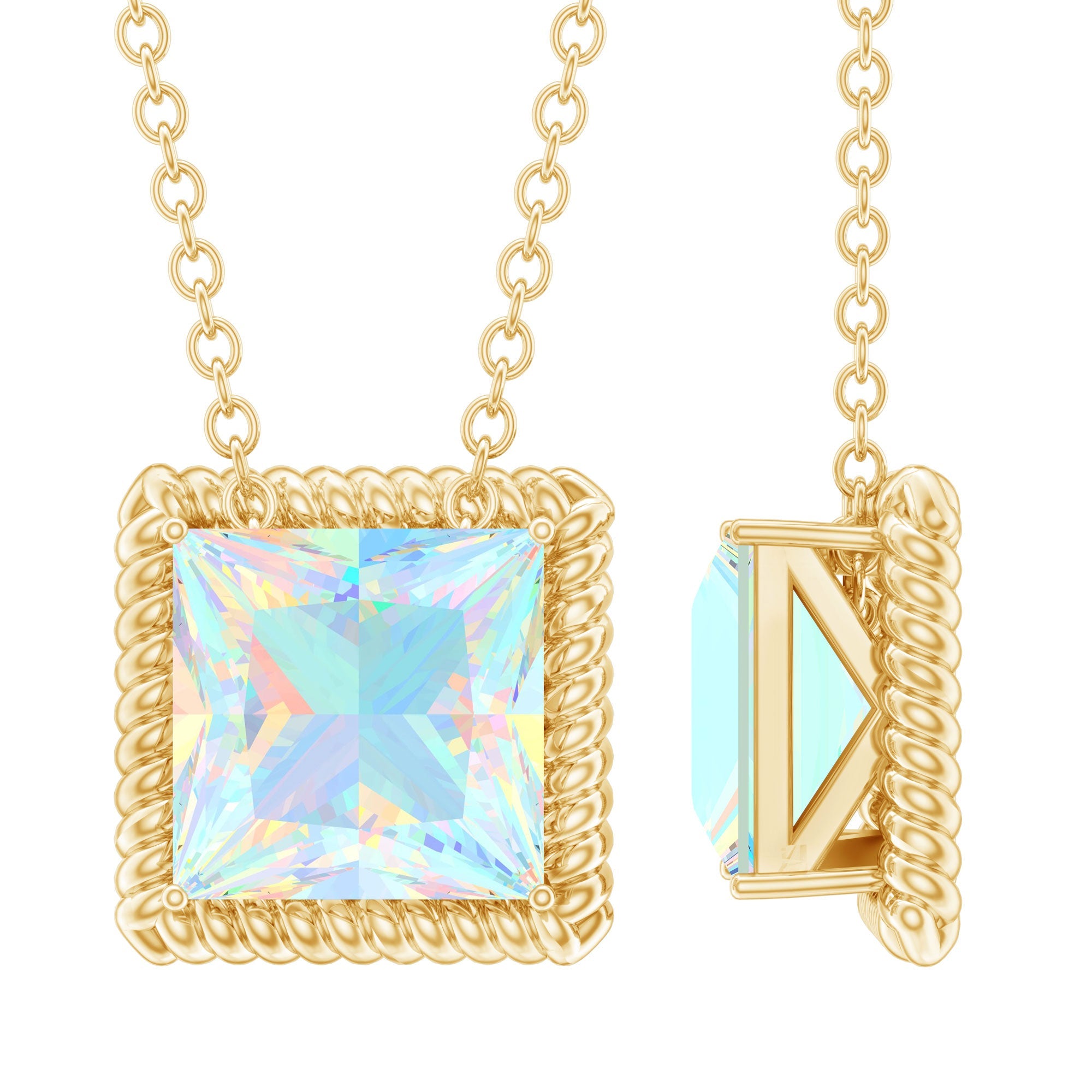 Ethiopian Opal Necklace – 2 Carat Princess Cut Solitaire Pendant with Twisted Rope Frame