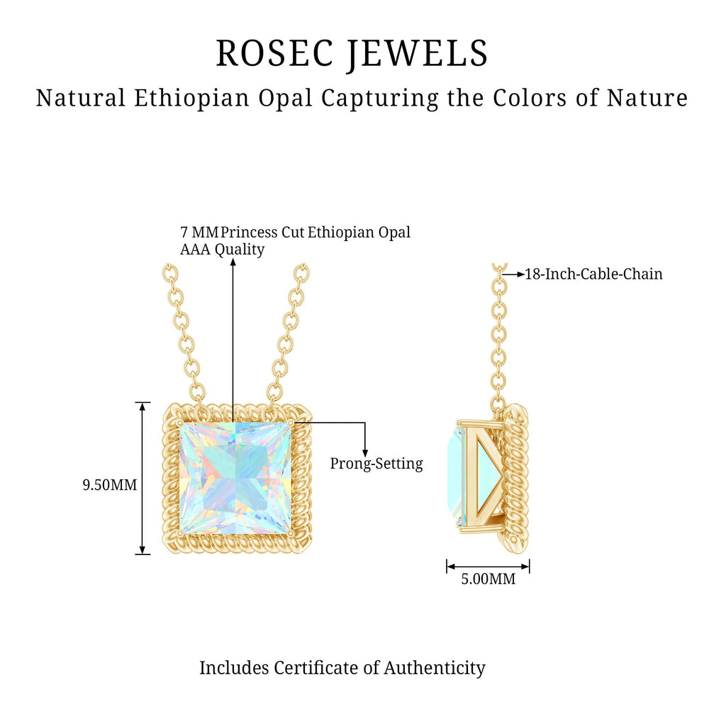 Ethiopian Opal Necklace – 2 Carat Princess Cut Solitaire Pendant with Twisted Rope Frame
