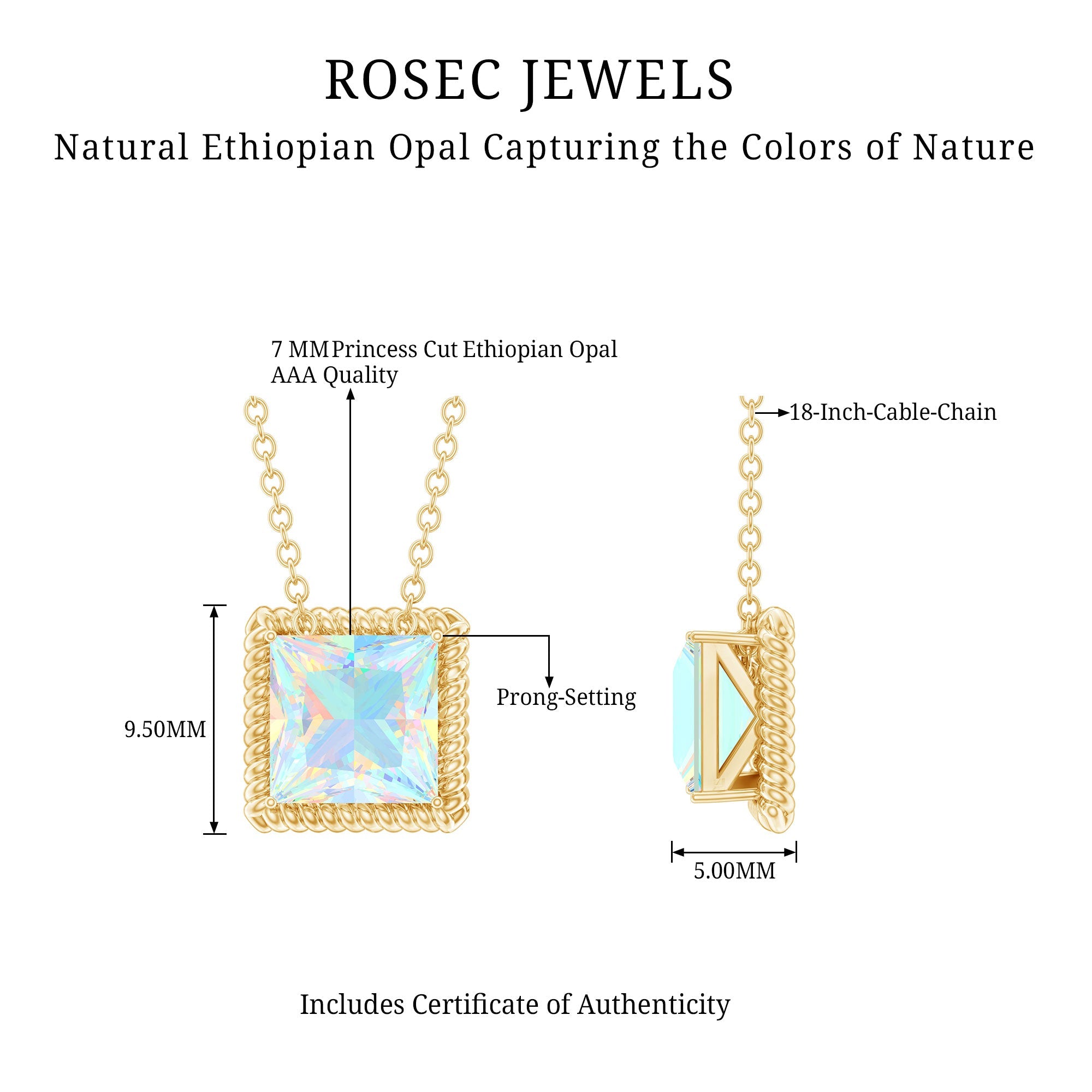 Ethiopian Opal Necklace – 2 Carat Princess Cut Solitaire Pendant with Twisted Rope Frame