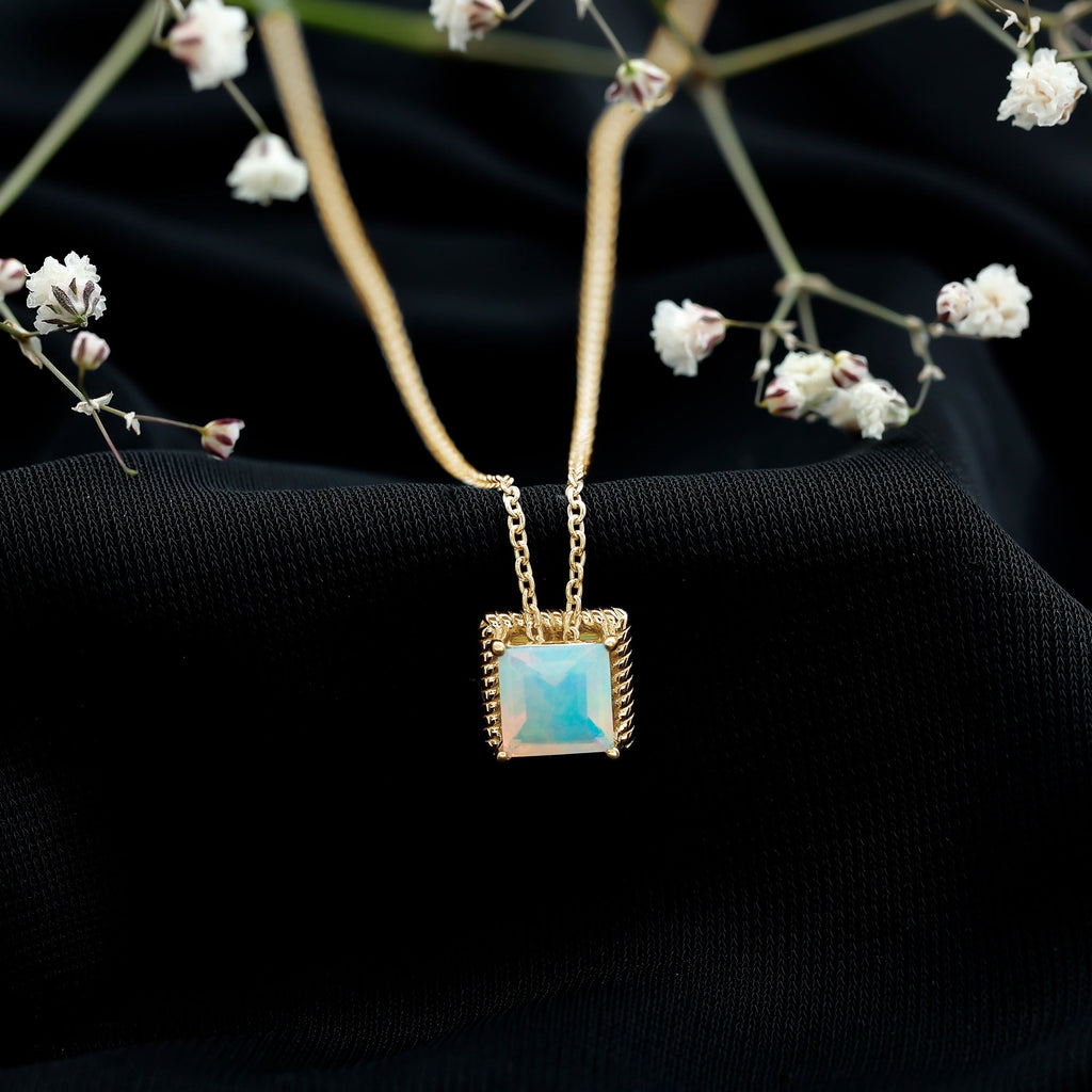 Ethiopian Opal Necklace – 2 Carat Princess Cut Solitaire Pendant with Twisted Rope Frame