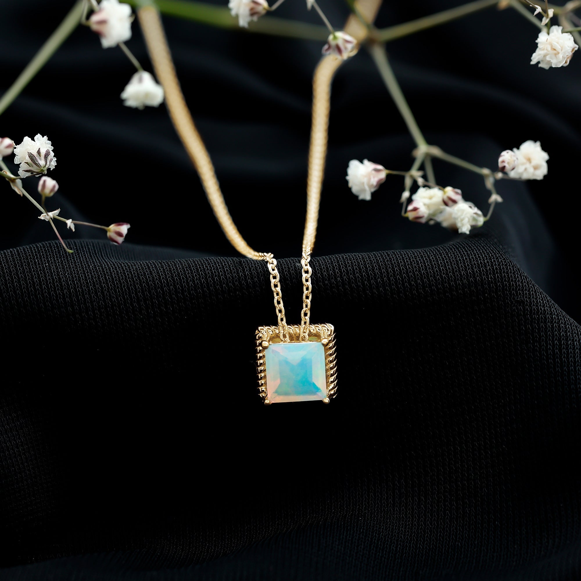 Ethiopian Opal Necklace – 2 Carat Princess Cut Solitaire Pendant with Twisted Rope Frame