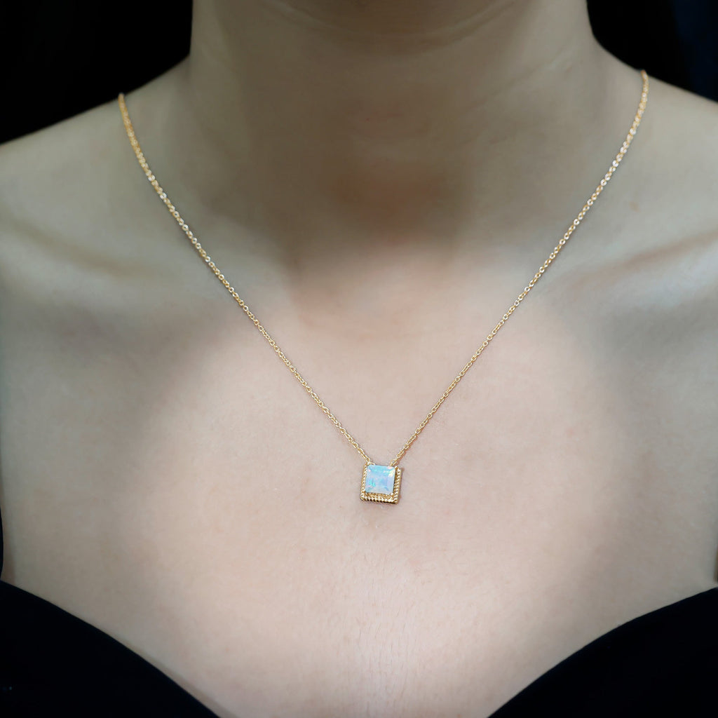 Ethiopian Opal Necklace – 2 Carat Princess Cut Solitaire Pendant with Twisted Rope Frame