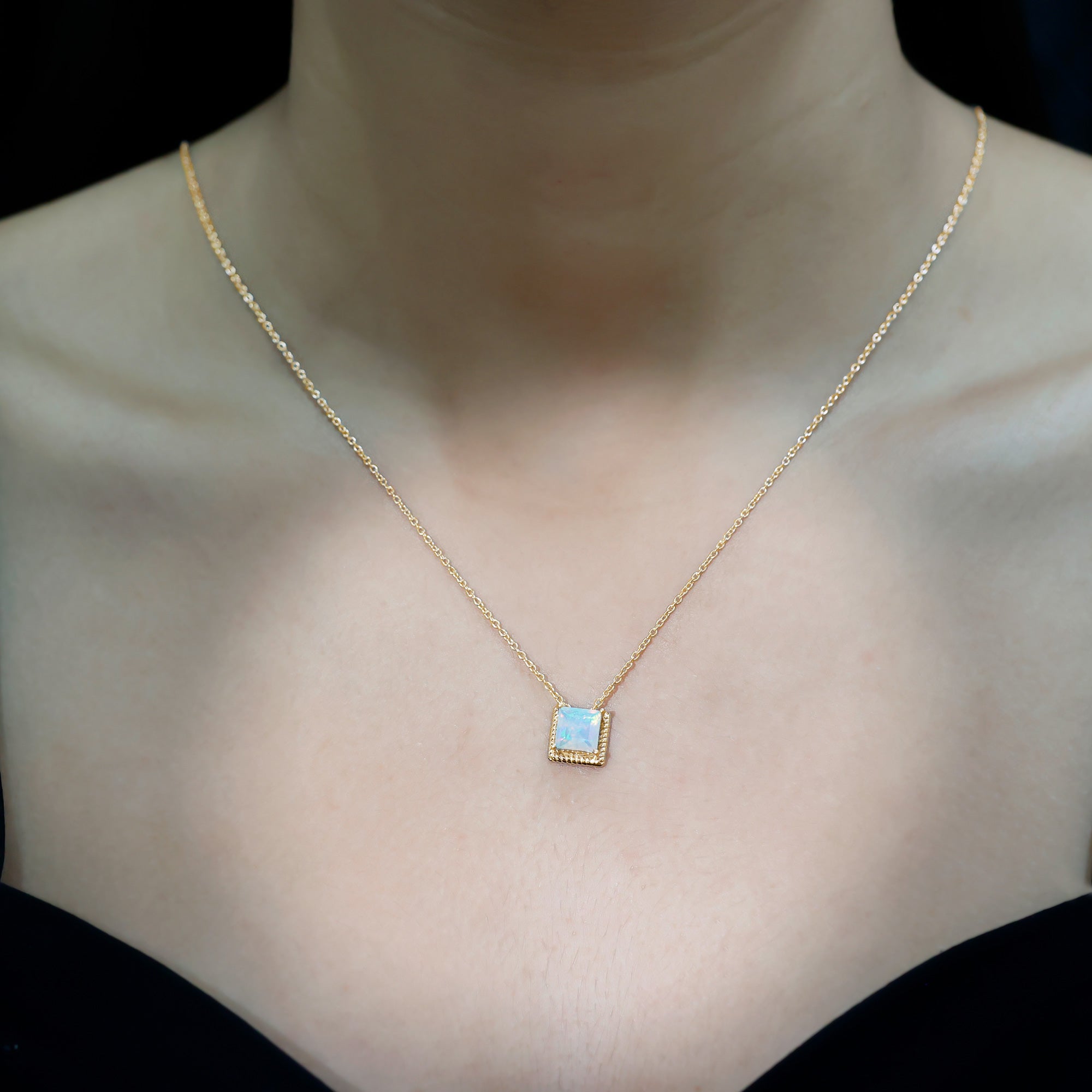 Ethiopian Opal Necklace – 2 Carat Princess Cut Solitaire Pendant with Twisted Rope Frame