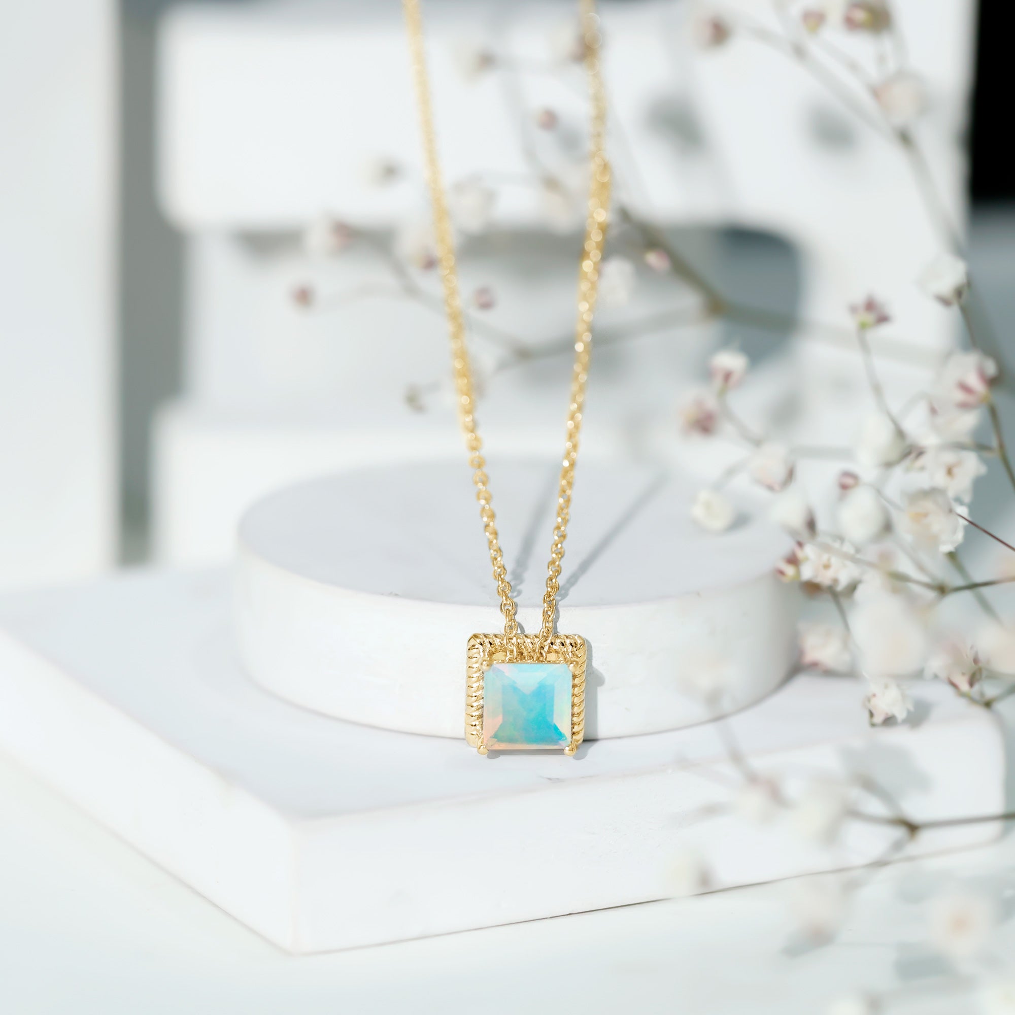 Ethiopian Opal Necklace – 2 Carat Princess Cut Solitaire Pendant with Twisted Rope Frame