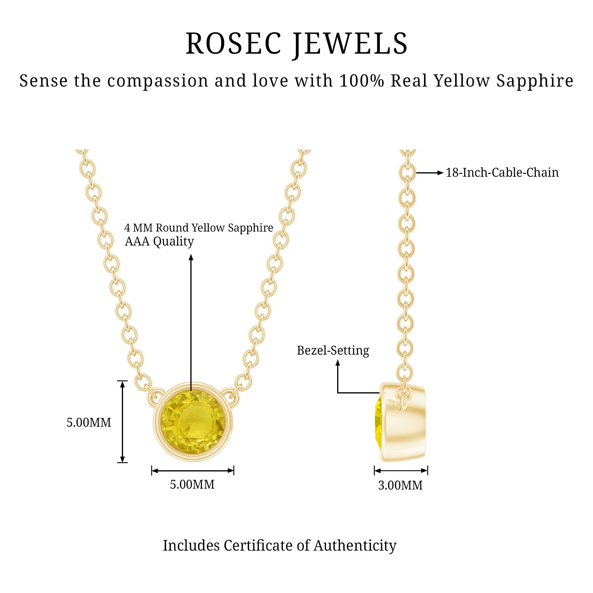 Yellow Sapphire Necklace - Round Cut 4mm Bezel Set Pendant | AAA Quality
