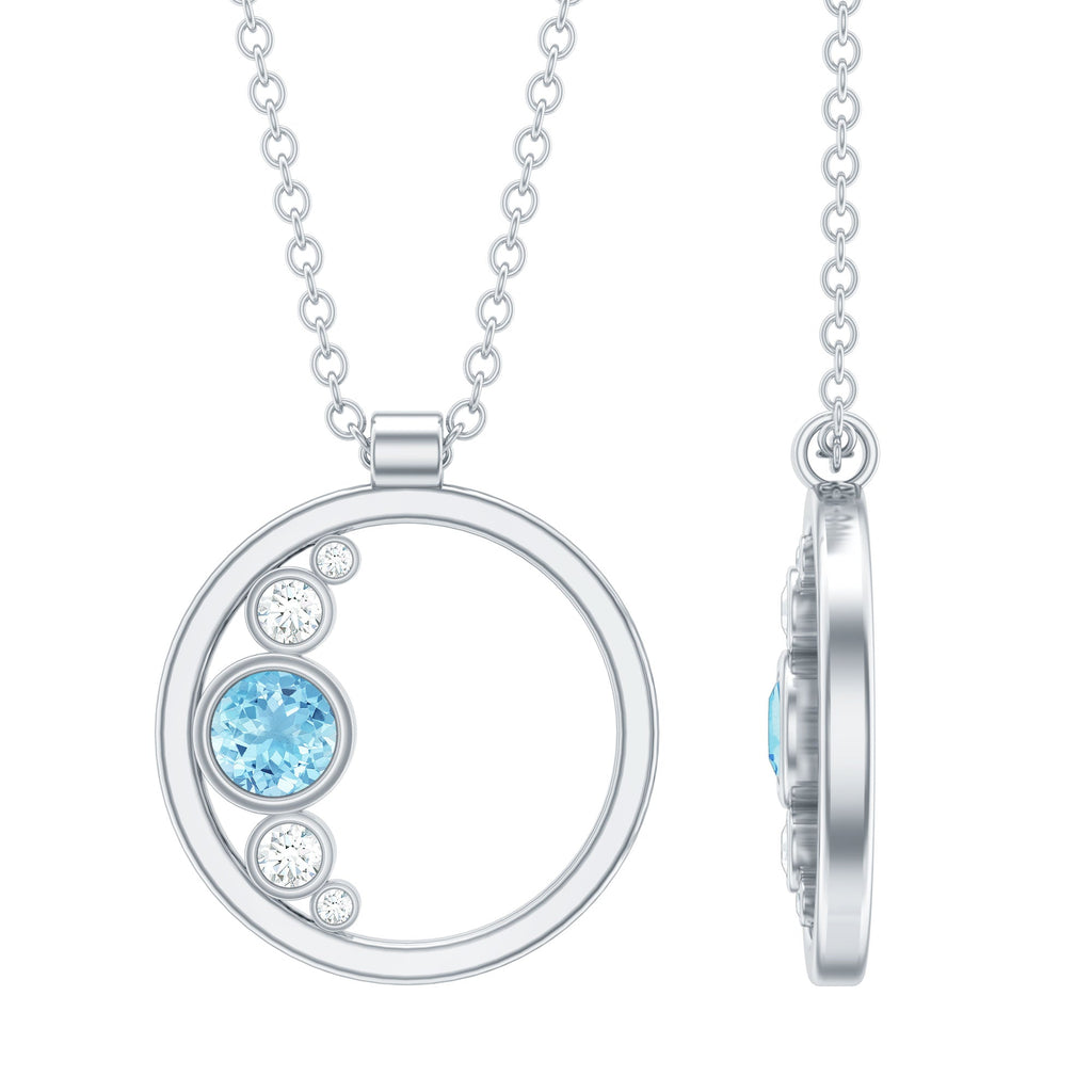 Aquamarine Pendant Necklace - Open Circle Diamond Bezel Setting Jewelry Gift