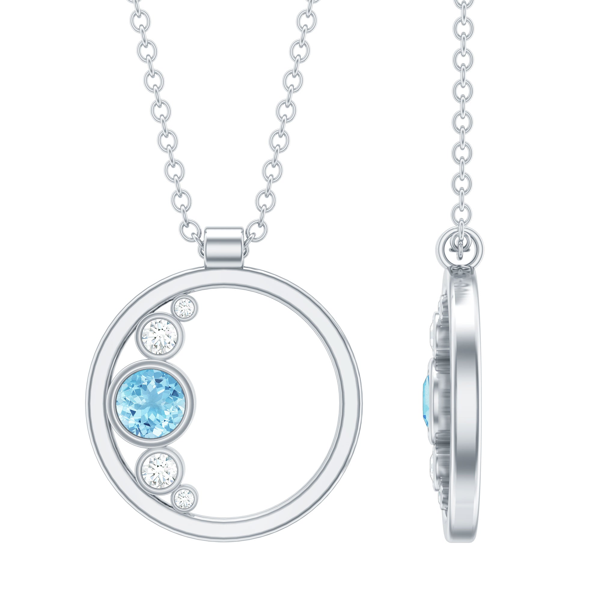 Aquamarine Pendant Necklace - Open Circle Diamond Bezel Setting Jewelry Gift