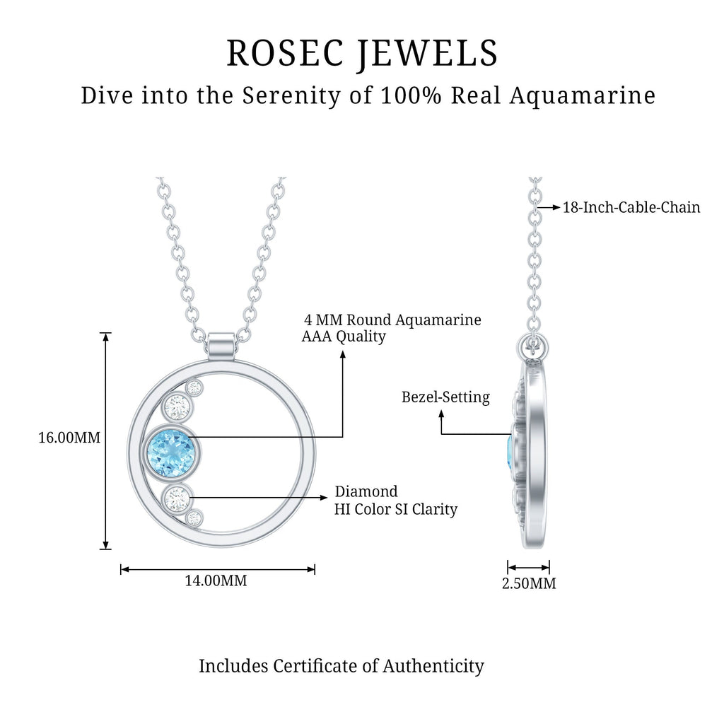 Aquamarine Pendant Necklace - Open Circle Diamond Bezel Setting Jewelry Gift