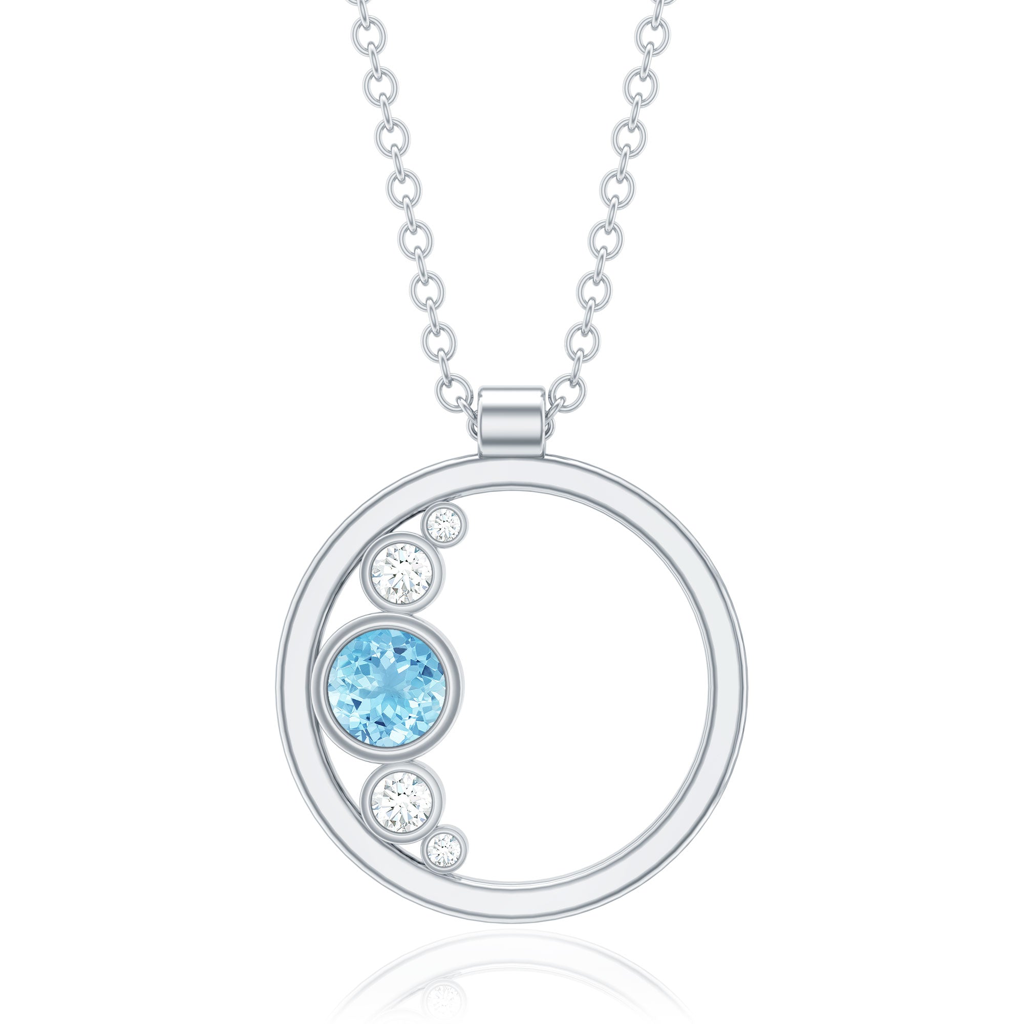 Aquamarine Pendant Necklace - Open Circle Diamond Bezel Setting Jewelry Gift