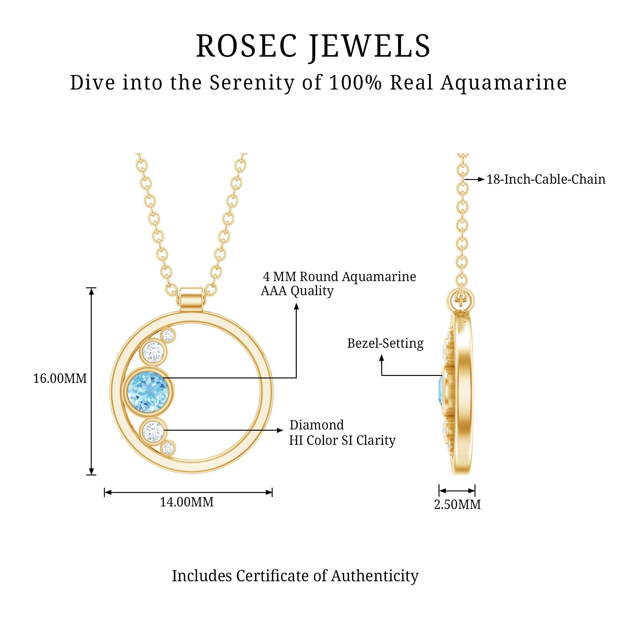 Aquamarine Pendant Necklace - Open Circle Diamond Bezel Setting Jewelry Gift