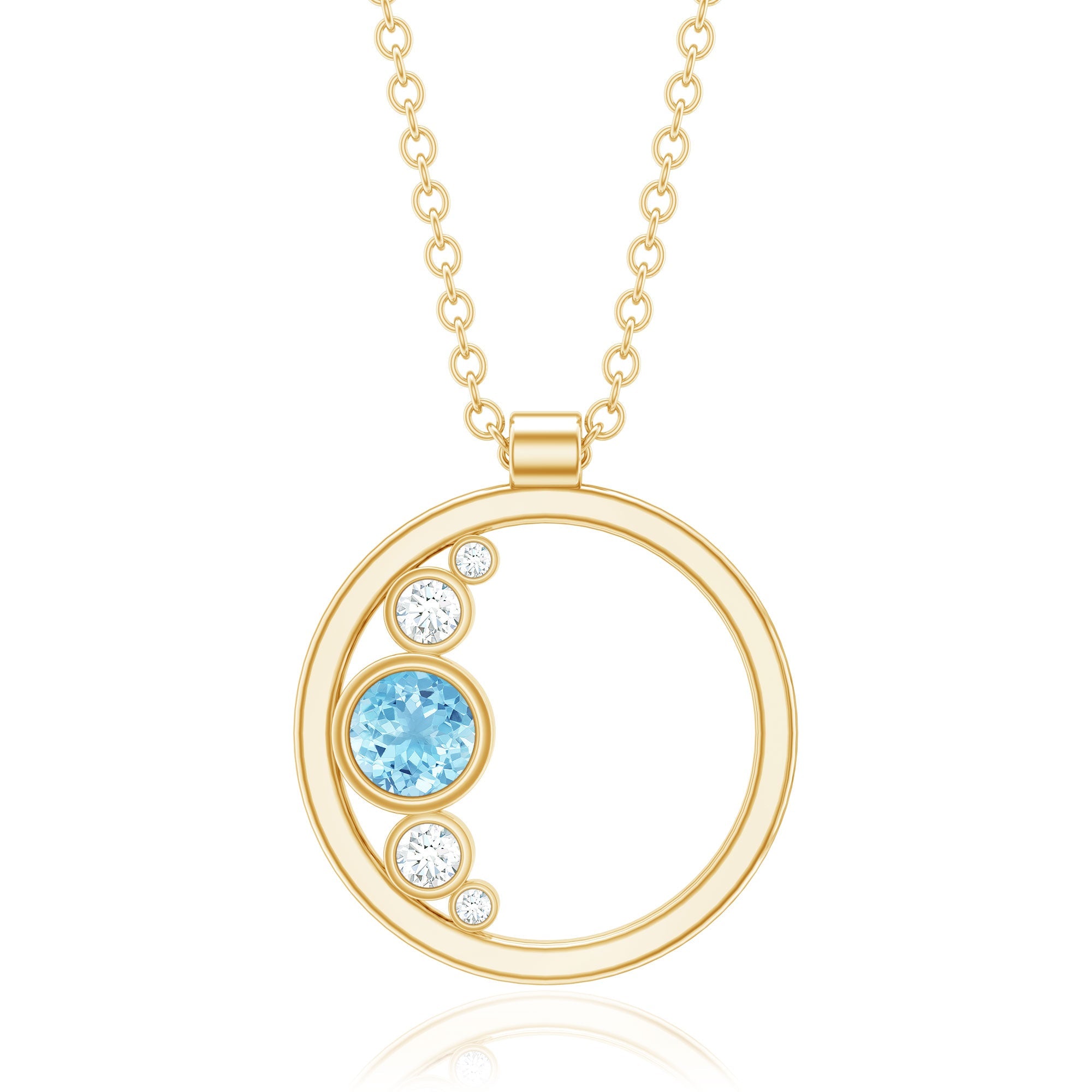 Aquamarine Pendant Necklace - Open Circle Diamond Bezel Setting Jewelry Gift