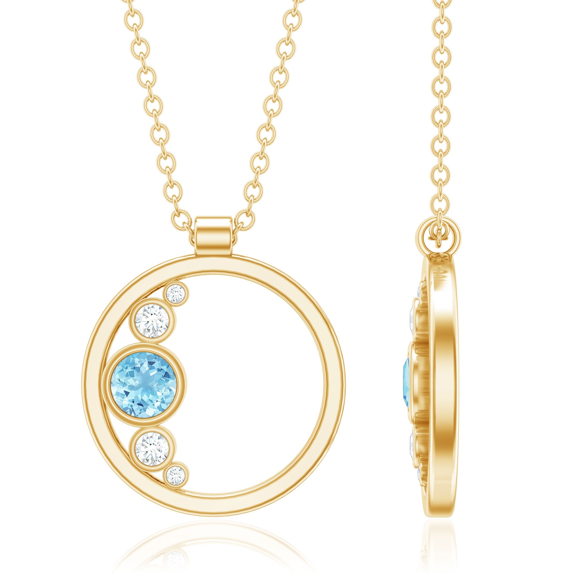 Aquamarine Pendant Necklace - Open Circle Diamond Bezel Setting Jewelry Gift